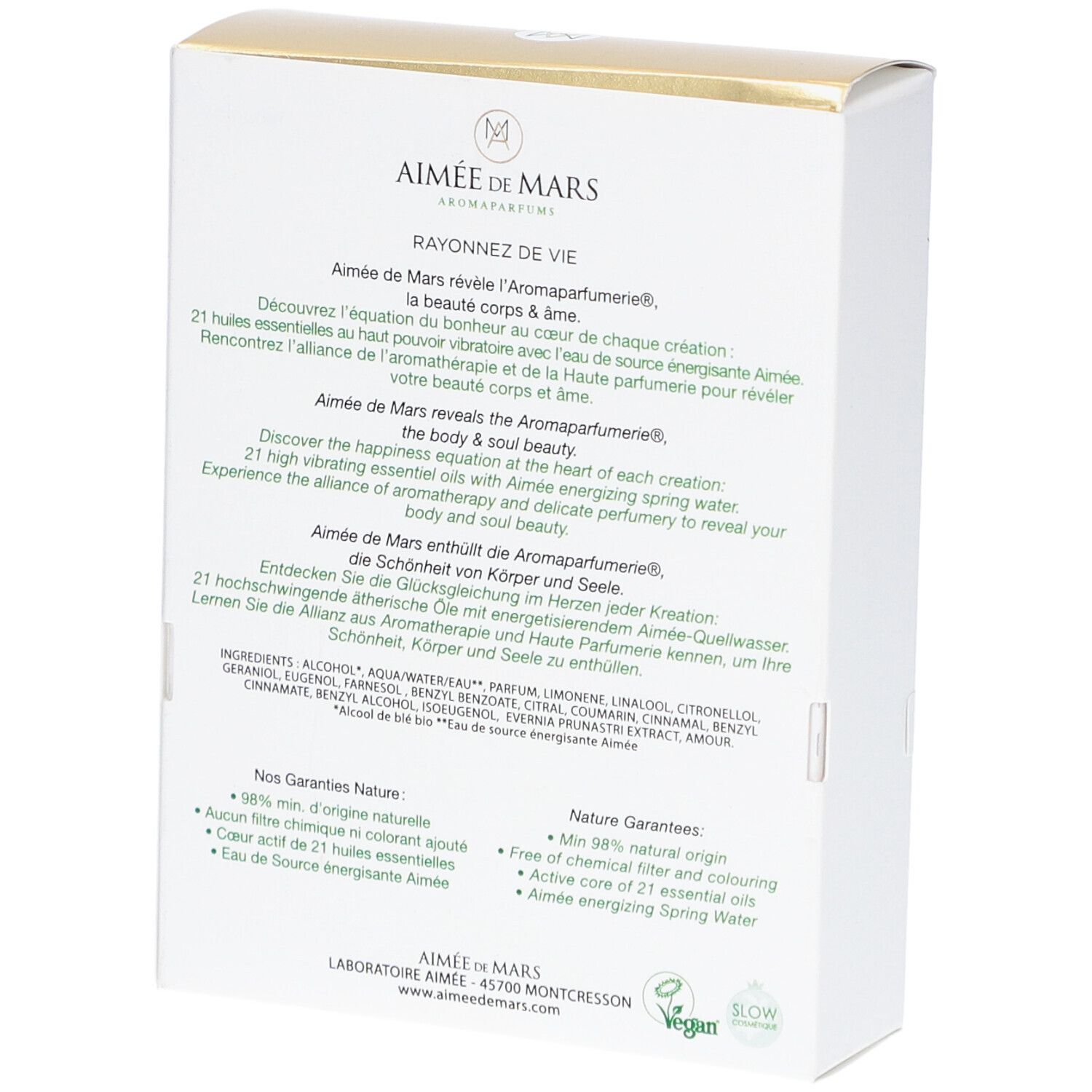 Dos de la boîte blanche. Texte Aimée de Mars, Eau de Parfum. Ingrédients, garanties, logo vegan.