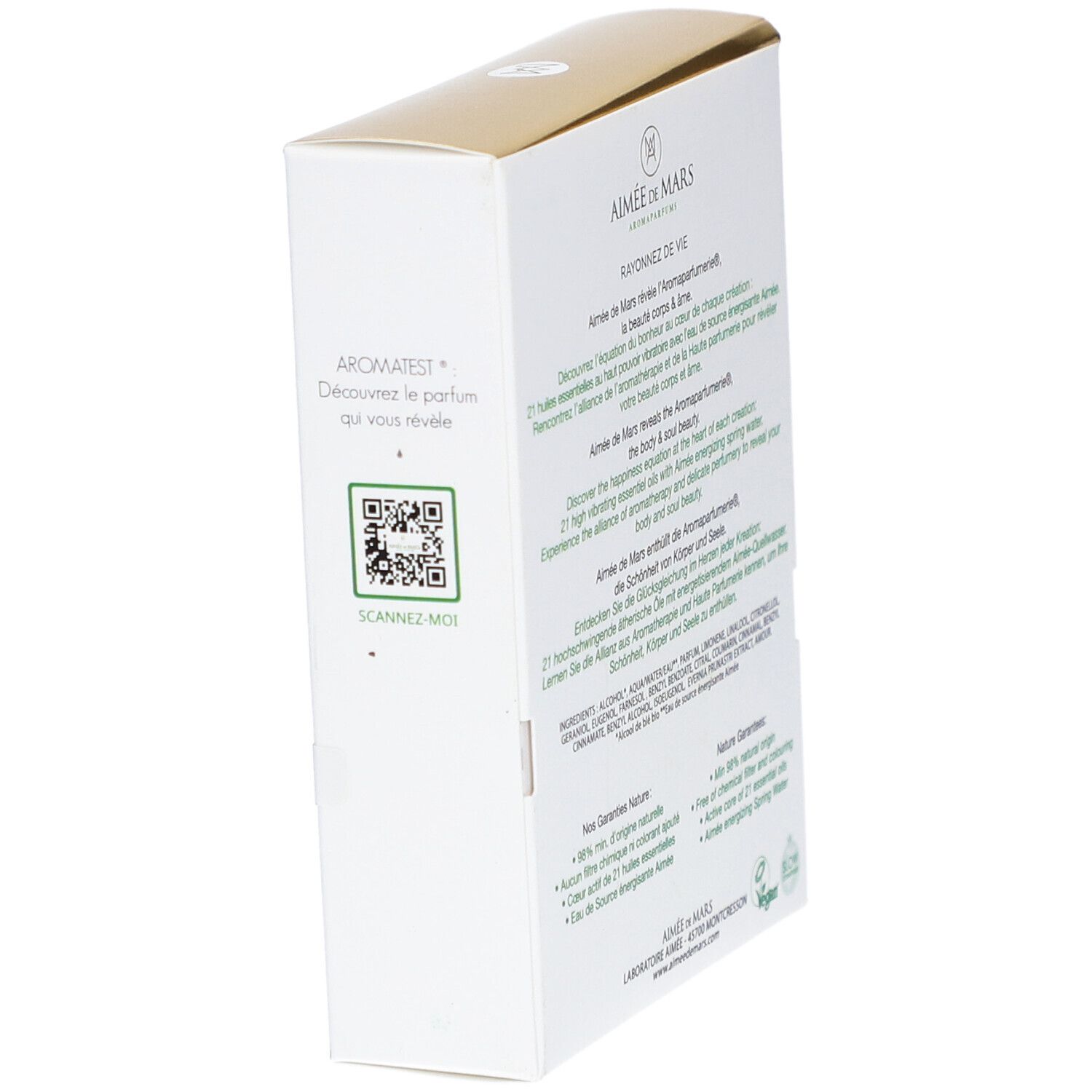Boîte blanche avec code QR. Texte Aimée de Mars, Eau de Parfum. Scannez-moi.