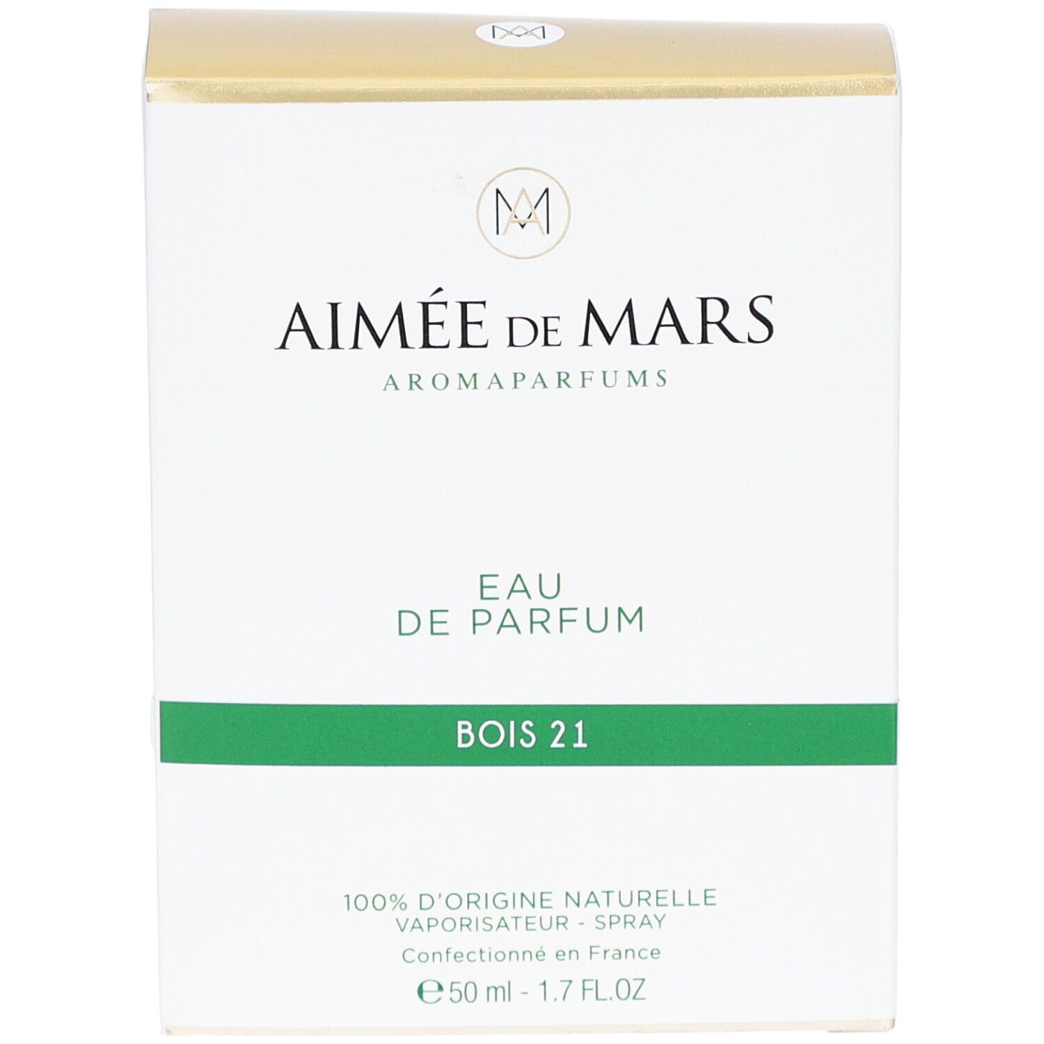 Boîte blanche et dorée. Inscription Aimée de Mars, Eau de Parfum Bois 21. Bande verte. 50 ml.