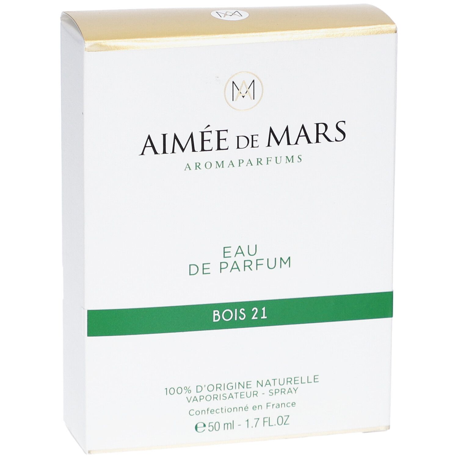 Boîte blanche et dorée. Inscription Aimée de Mars, Eau de Parfum Bois 21. Bande verte. 50 ml.