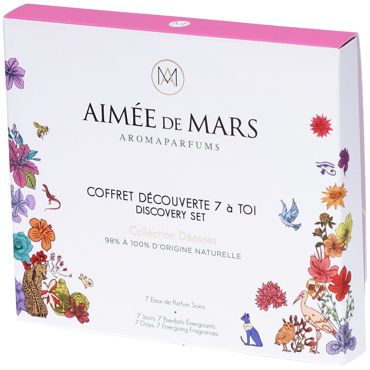 Boîte blanche avec illustrations florales. Texte : Aimée de Mars, Coffret Découverte 7 à Toi, Discovery Set.