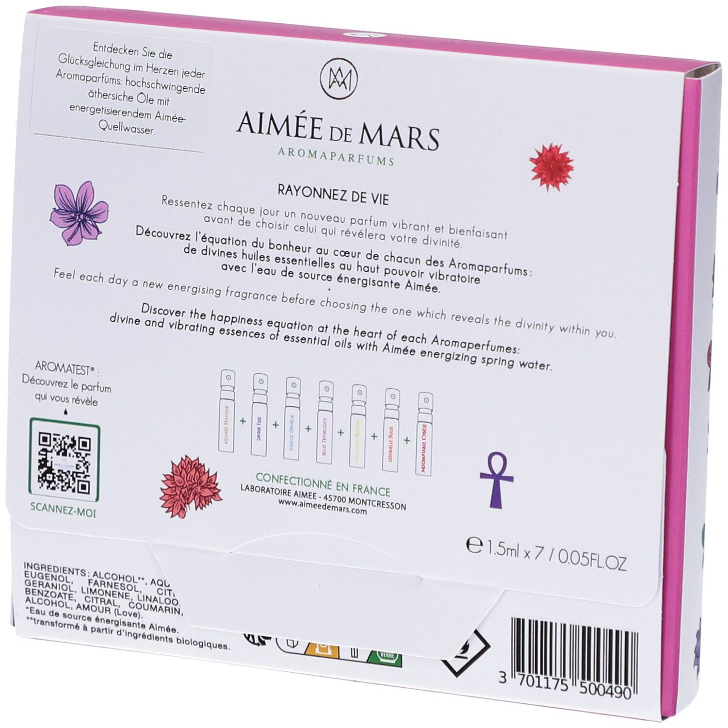 Dos d'une boîte blanche avec texte et illustrations florales. Texte : Aimée de Mars, Rayonnez de Vie, 7 x 1.5ml.