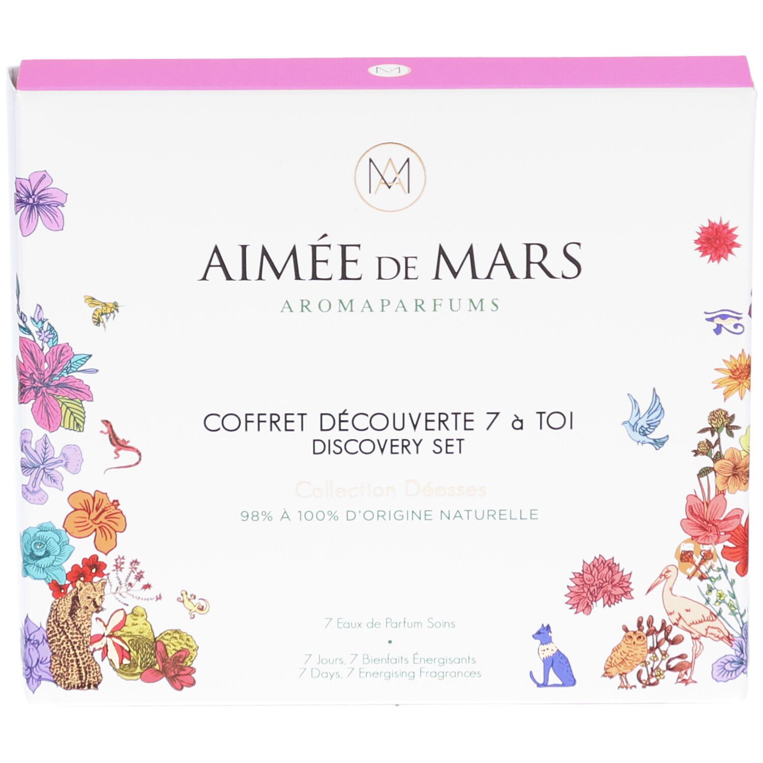 Boîte blanche avec illustrations florales. Texte : Aimée de Mars, Coffret Découverte 7 à Toi, Discovery Set.