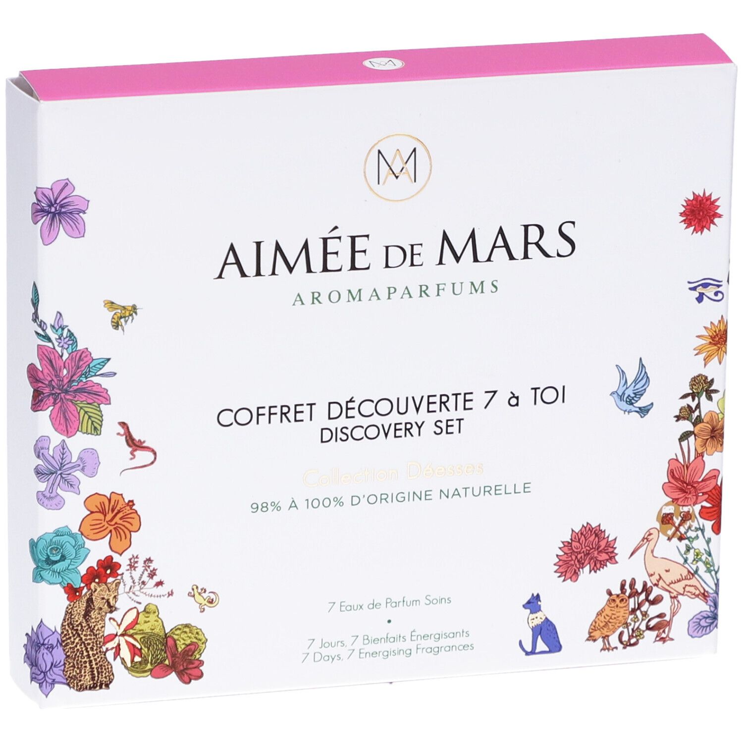 Boîte blanche avec illustrations florales. Texte : Aimée de Mars, Coffret Découverte 7 à Toi, Discovery Set.