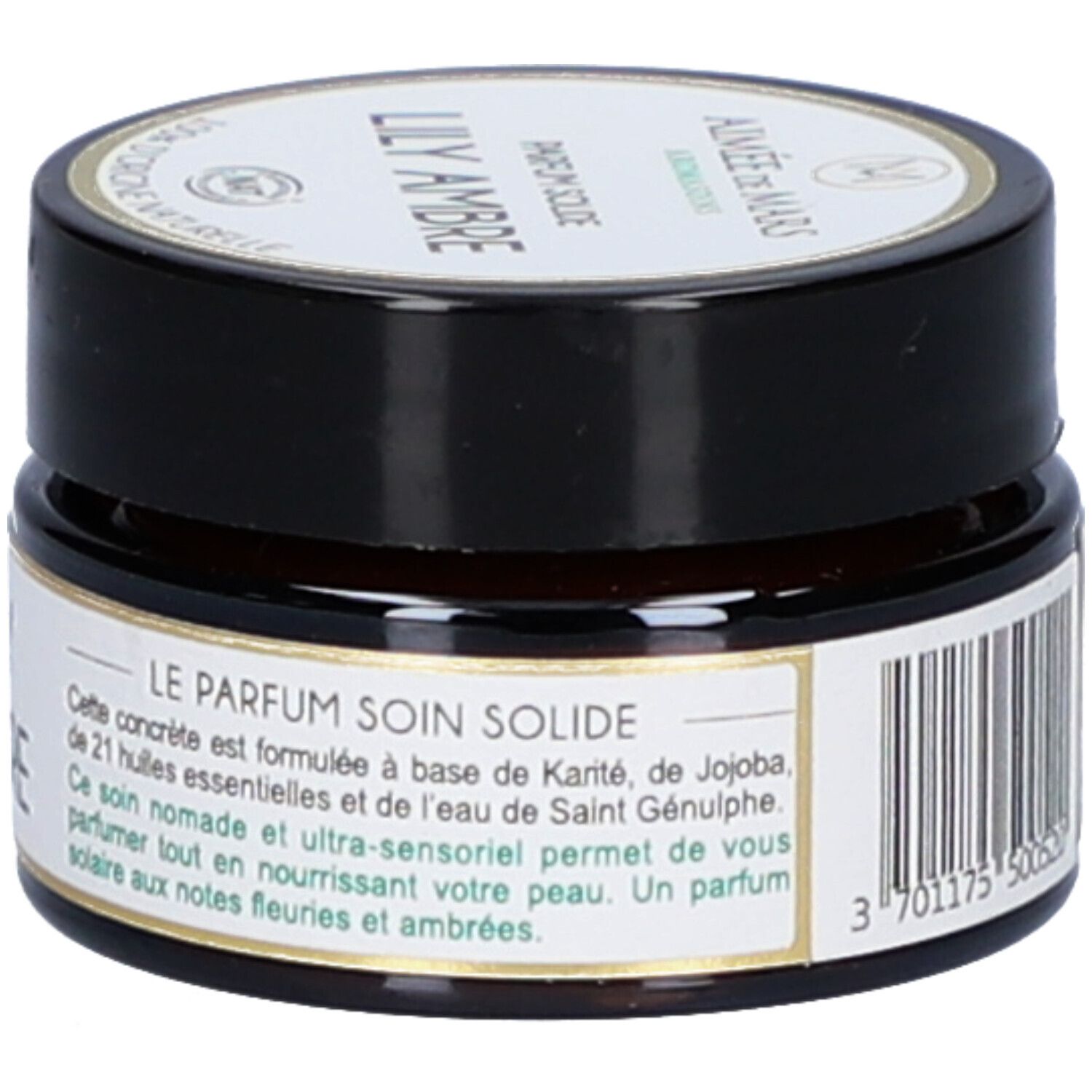 Pot en verre brun avec couvercle noir. Étiquette avec informations sur le produit. Inscription : Lily Ambre Parfum Solide. 21 huiles essentielles.