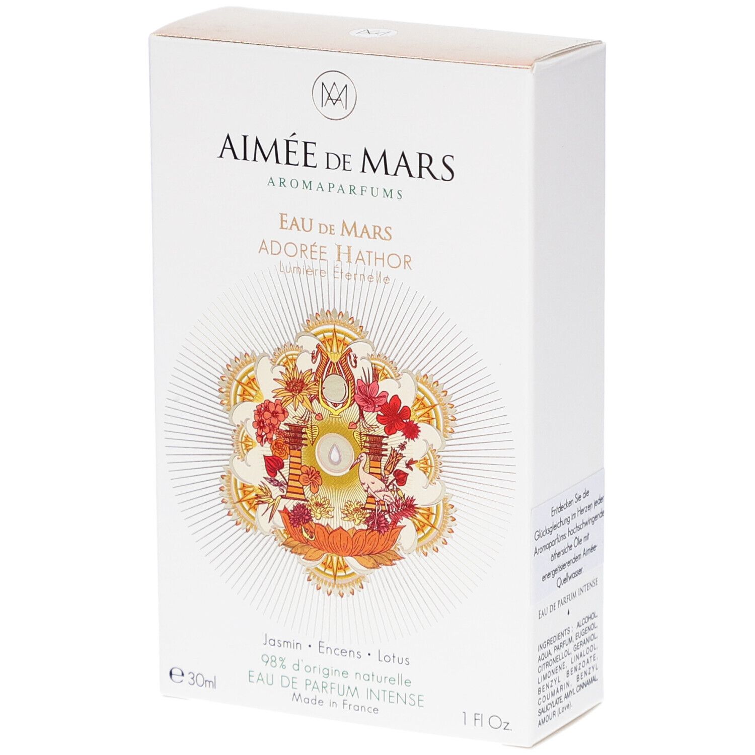 Aimée de Mars® Adorée Hathor Eau de Parfum. Boîte blanche, motif floral. 30ml, 1 fl oz.