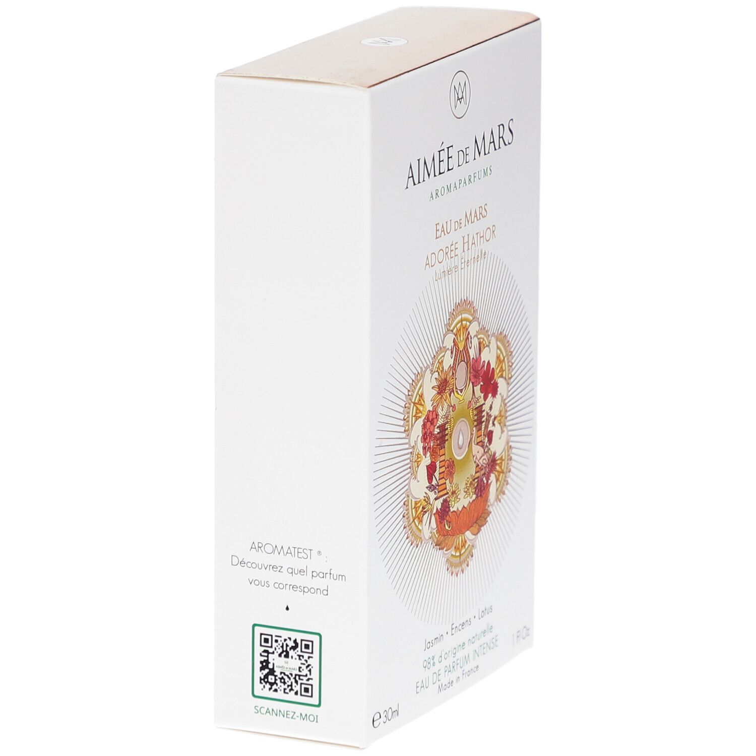 Aimée de Mars® Adorée Hathor Eau de Parfum. Boîte blanche, motif floral. Code QR et texte.