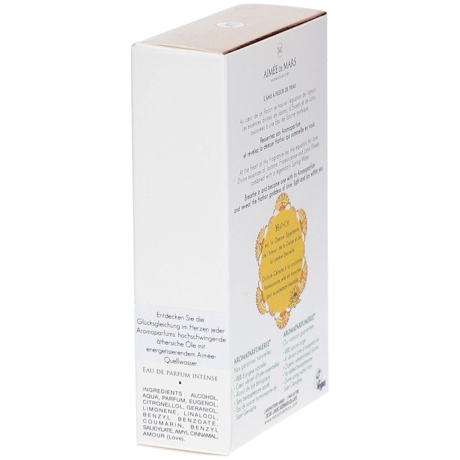Boîte Aimée de Mars® Adorée Hathor Eau de Parfum. Texte sur ingrédients et certifications.