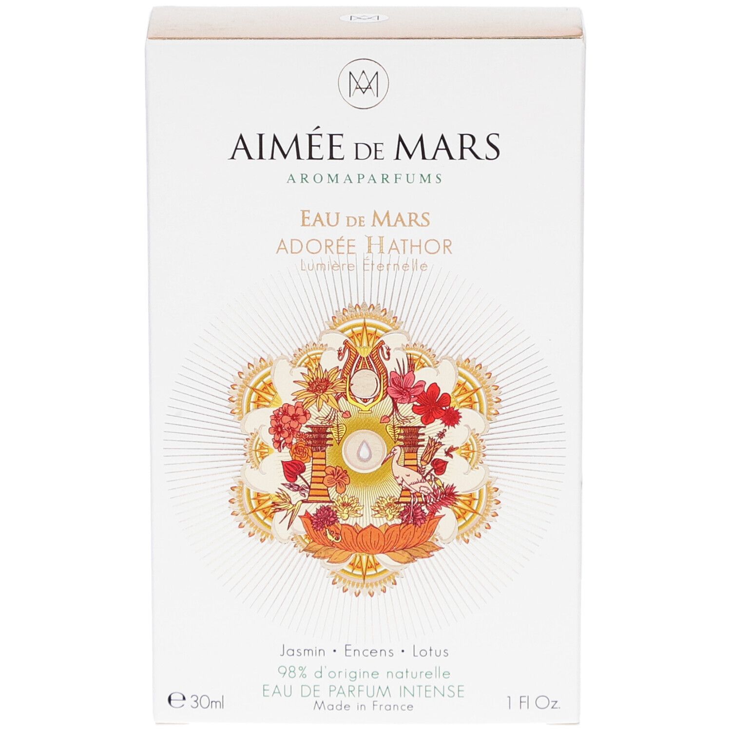 Aimée de Mars® Adorée Hathor Eau de Parfum. Boîte blanche, motif floral. 30ml, 1 fl oz.