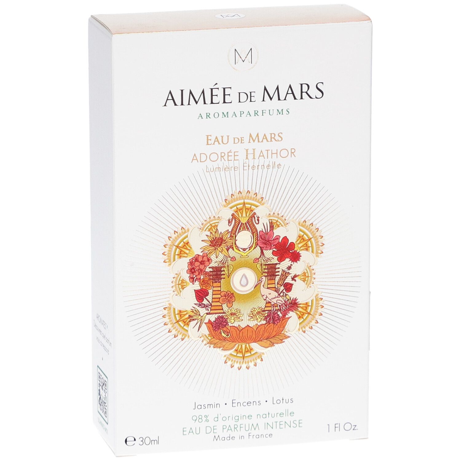 Aimée de Mars® Adorée Hathor Eau de Parfum. Boîte blanche, motif floral. 30ml, 1 fl oz.