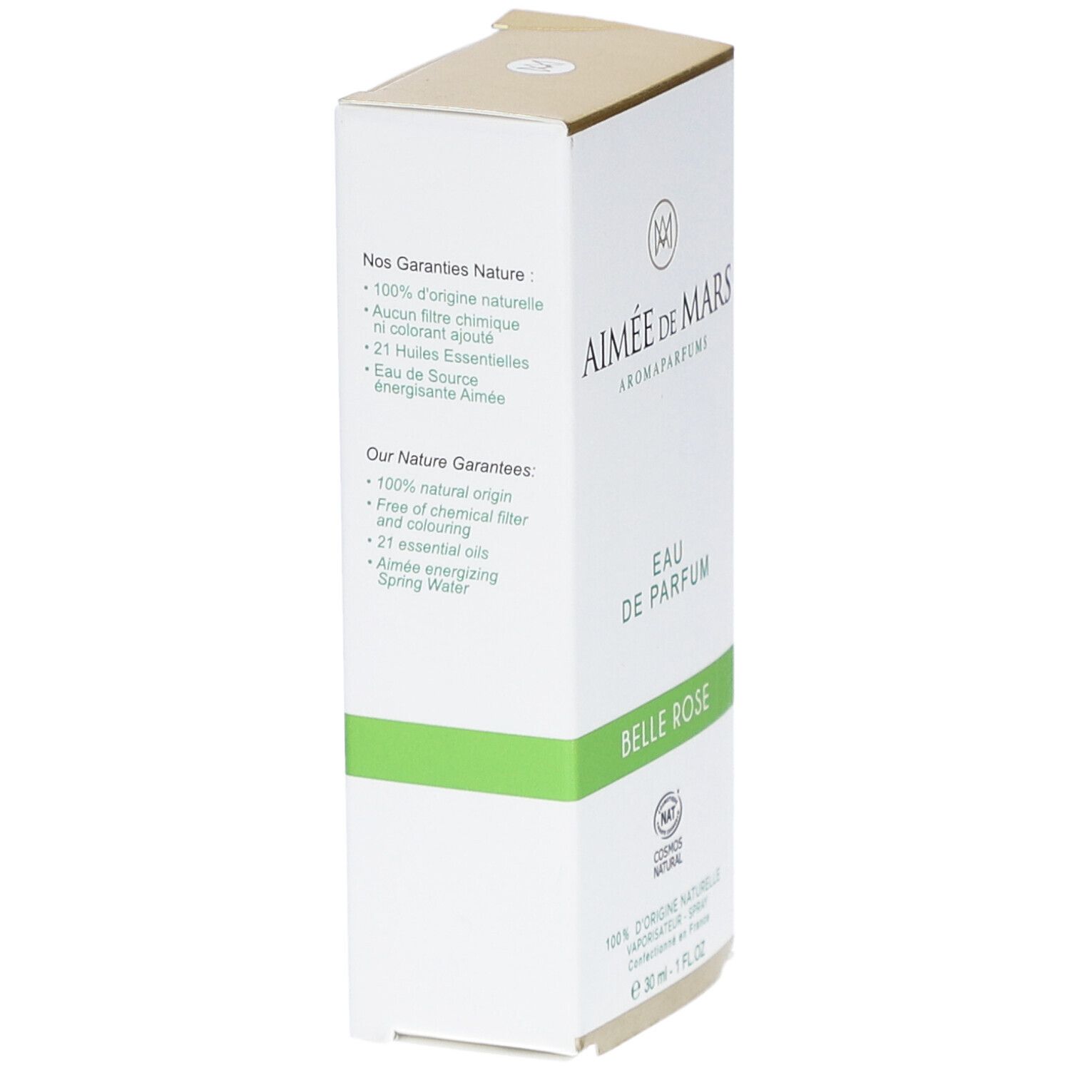 Seitenansicht der Verpackung von Aimée de Mars Belle Rose. Weiß mit grünen Akzenten. Text: Eau de Parfum, Belle Rose, Cosmos Natural. Inhaltsstoffe.
