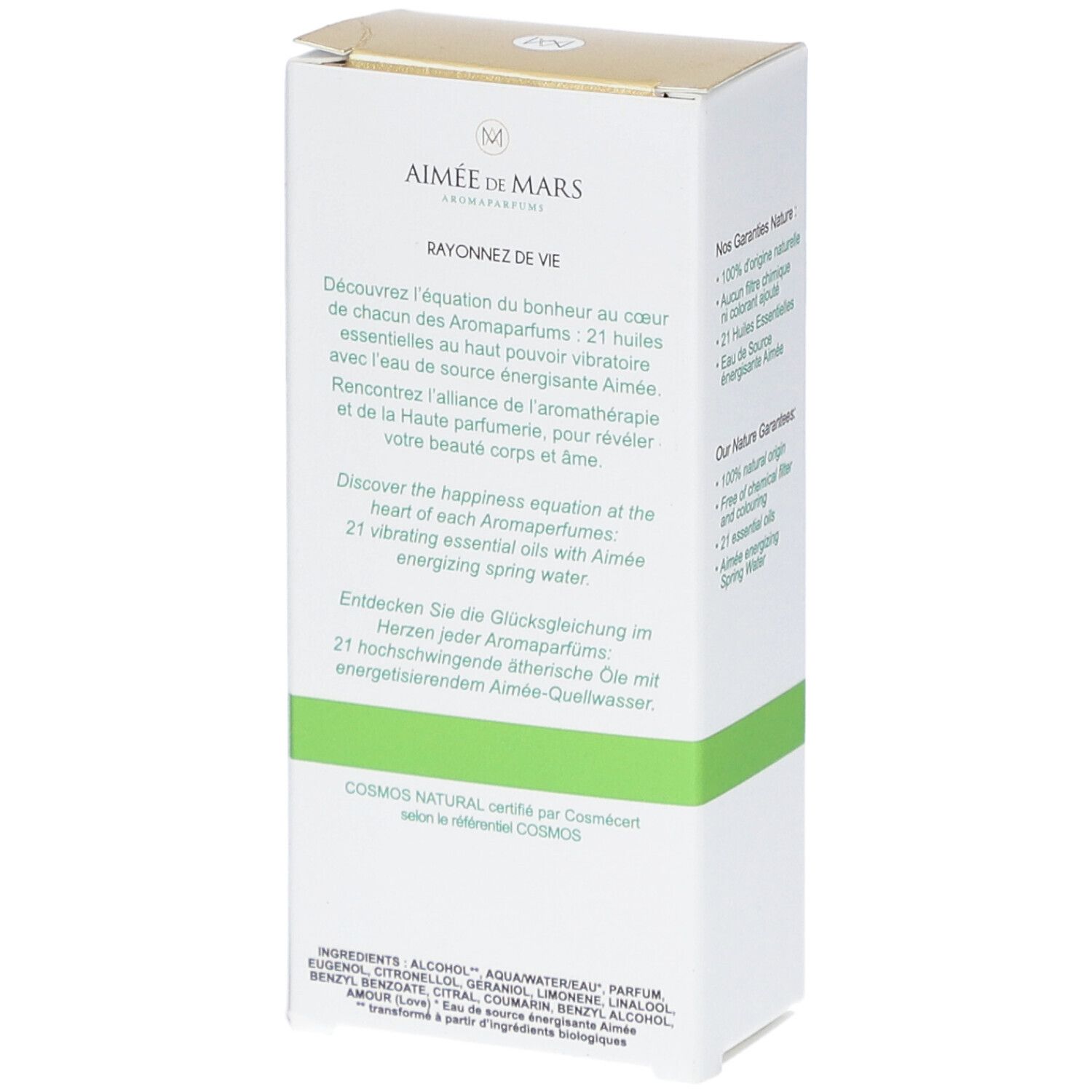 Rückseite der Verpackung von Aimée de Mars Belle Rose. Weiß mit grünen Akzenten. Text: Inhaltsstoffe, Cosmos Natural Zertifizierung.