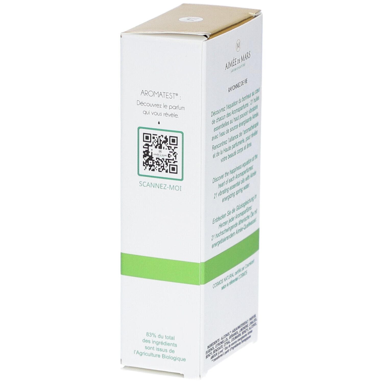 Seitenansicht der Verpackung von Aimée de Mars Belle Rose. Weiß mit grünen Akzenten. QR-Code zum Scannen. Text: Aromates.