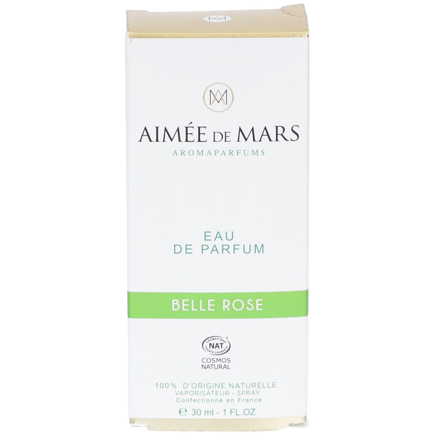 Vorderansicht der Verpackung von Aimée de Mars Belle Rose. Weiß mit grünen Akzenten. Text: Eau de Parfum, Belle Rose, Cosmos Natural.