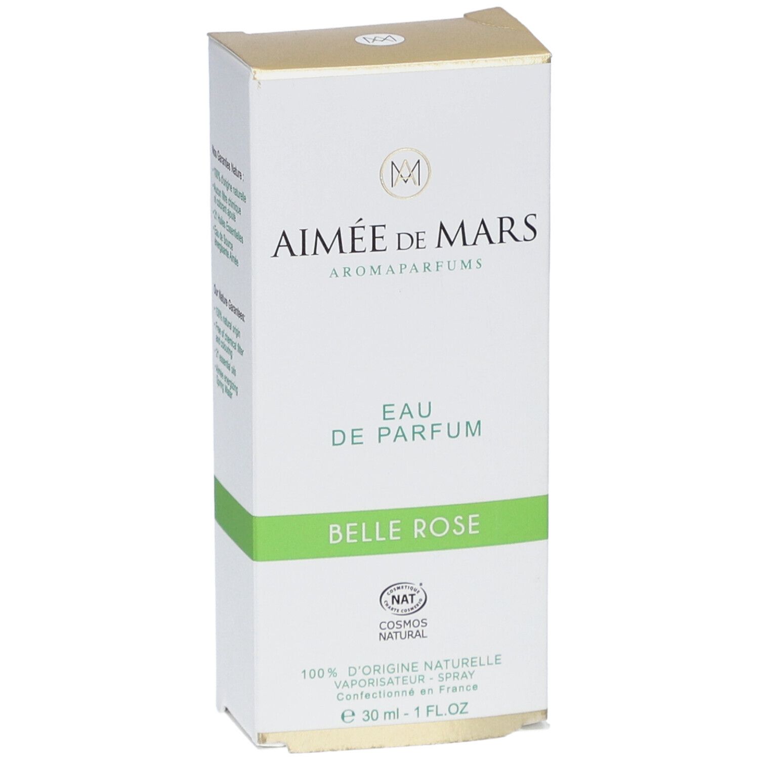 Vorderansicht der Verpackung von Aimée de Mars Belle Rose. Weiß mit grünen Akzenten. Text: Eau de Parfum, Belle Rose, Cosmos Natural.