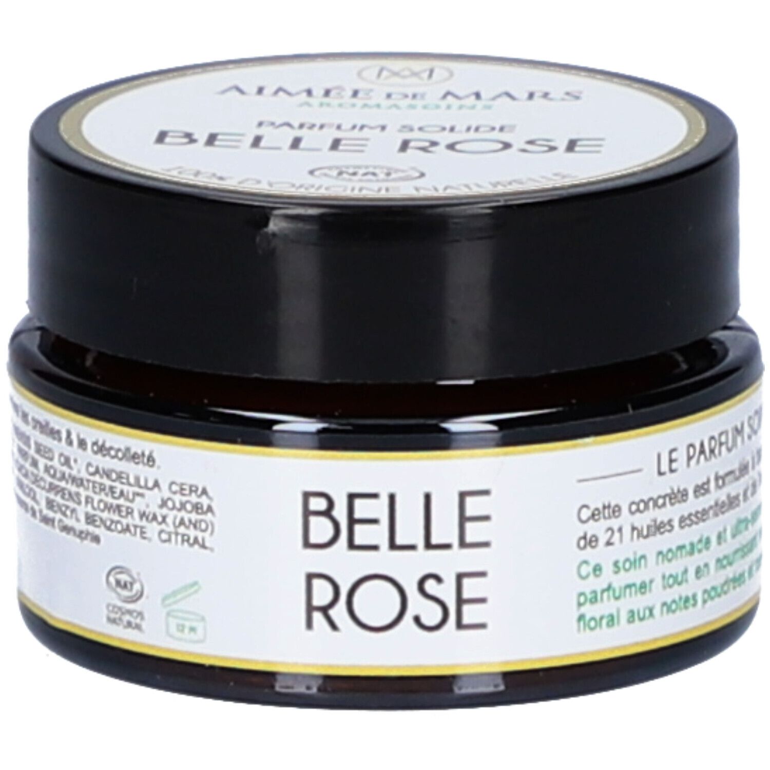 Pot rond avec couvercle noir. L'étiquette indique "Belle Rose" et "Aimée de Mars".