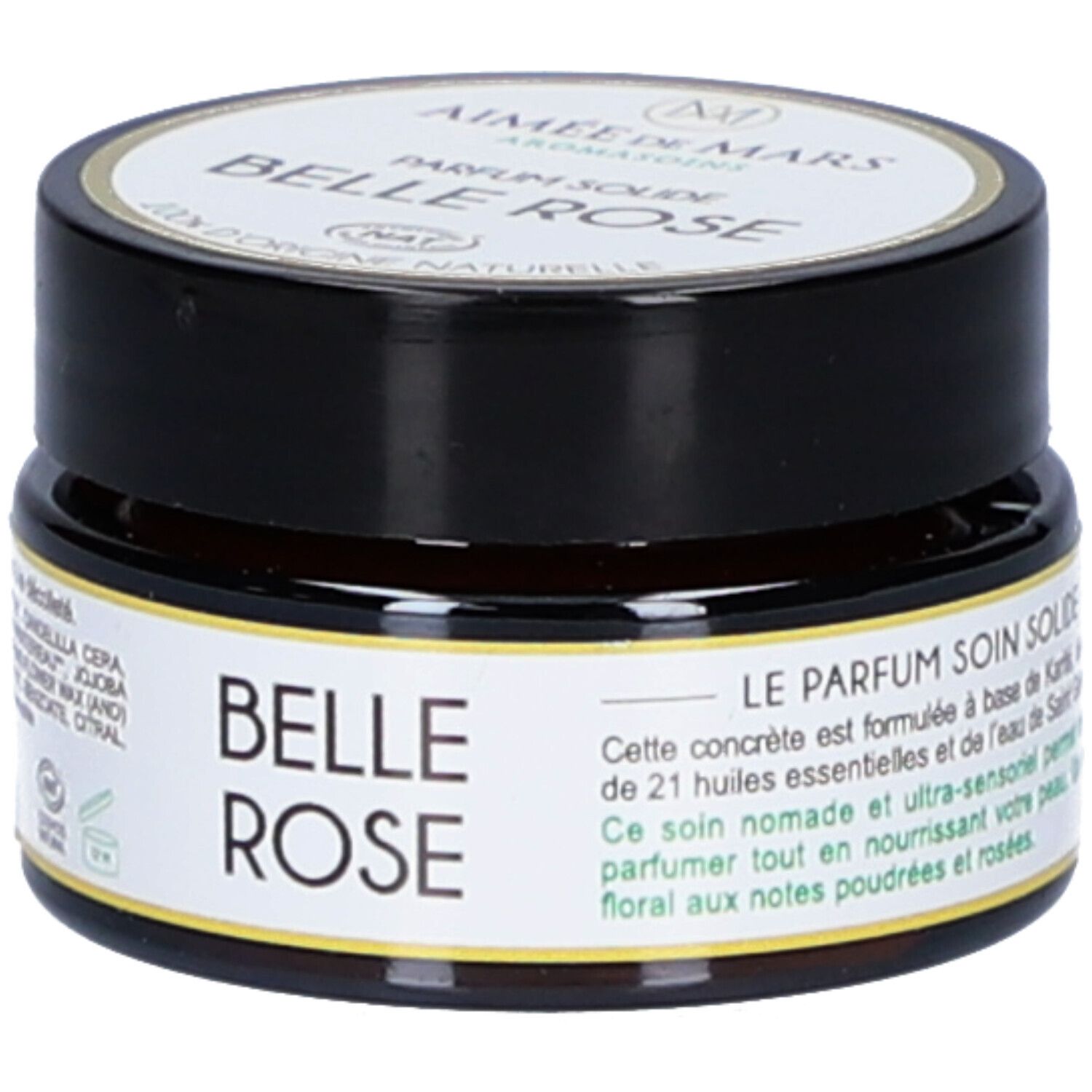 Pot rond avec couvercle noir. L'étiquette indique "Belle Rose" et "Aimée de Mars".