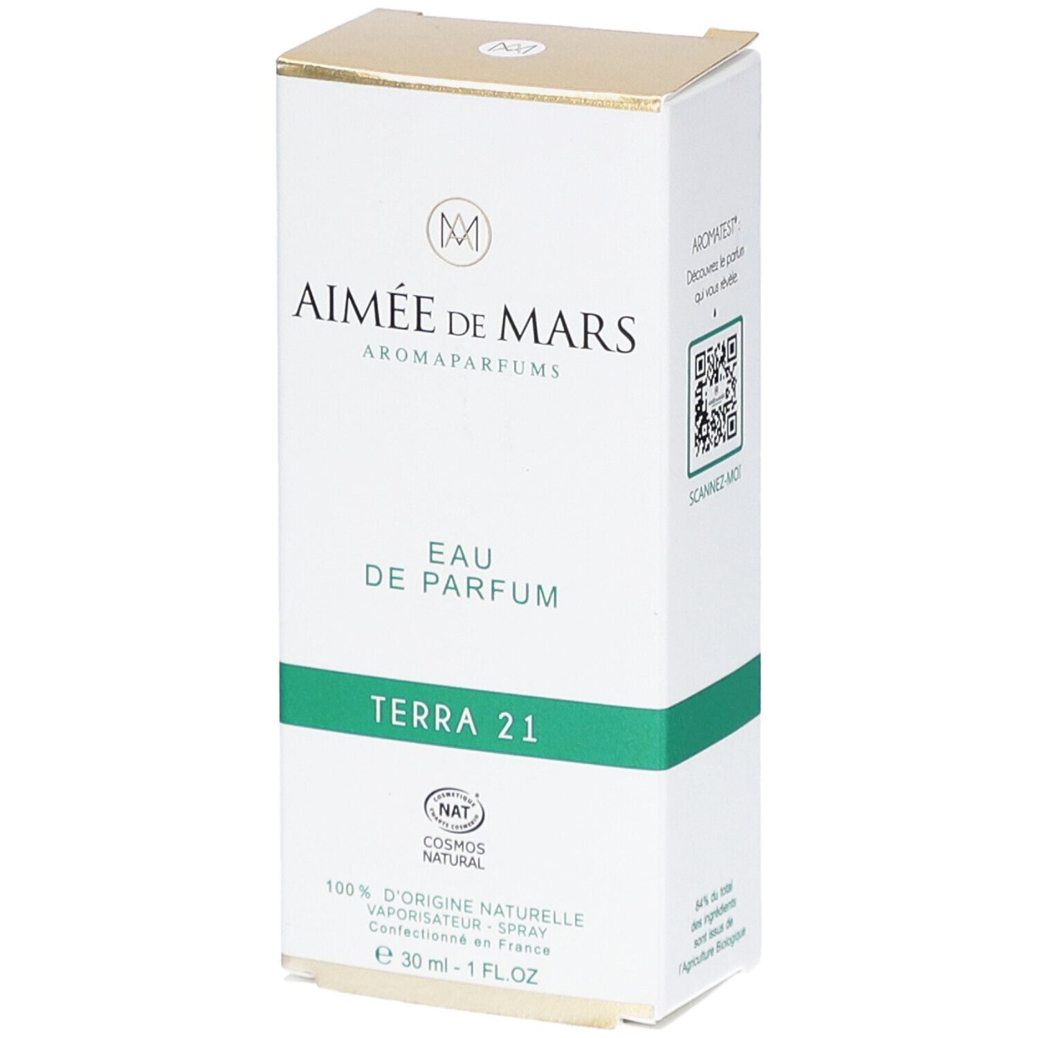 Boîte blanche avec texte vert "Aimée de Mars" et "Terra 21". "Eau de Parfum". Certification NAT. QR code et informations.