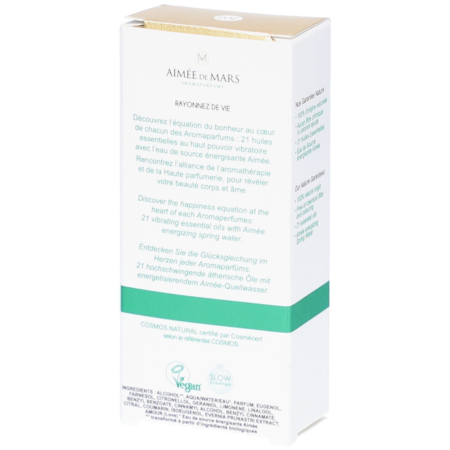 Dos de la boîte blanche. Texte sur le produit et ingrédients. Certification "Cosmos Natural".