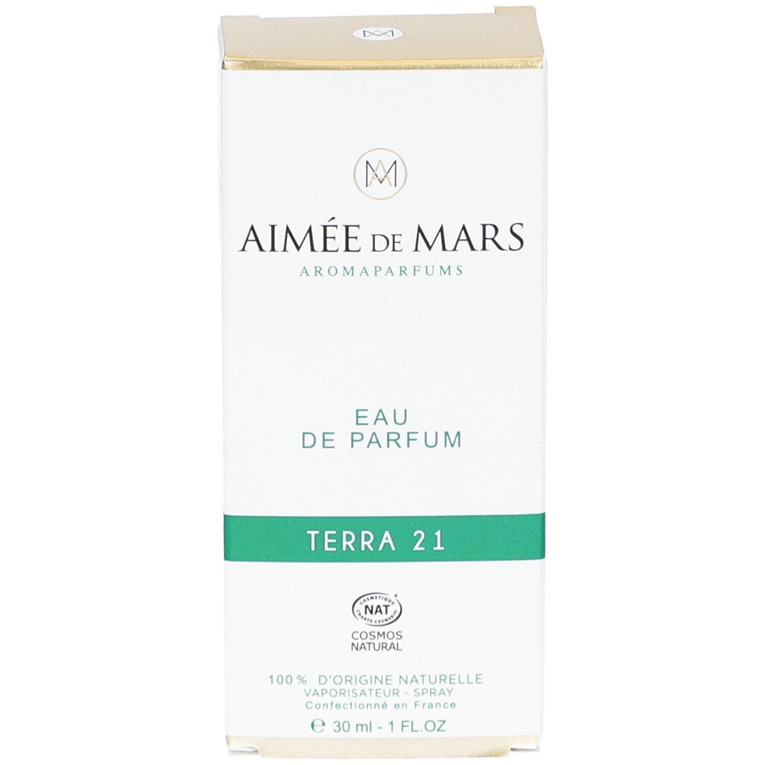 Boîte blanche avec ligne verte. "Aimée de Mars" et "Terra 21". "Eau de Parfum". Certification NAT.