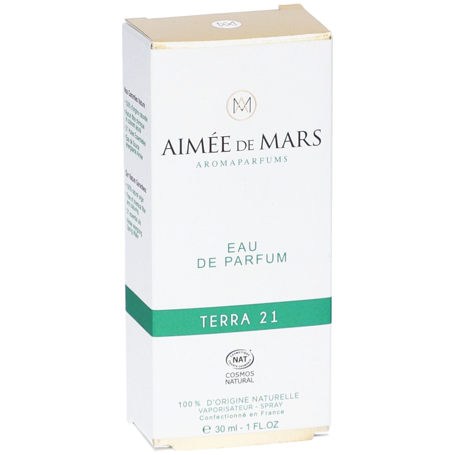 Boîte blanche avec ligne verte. "Aimée de Mars" et "Terra 21". "Eau de Parfum". Certification NAT.