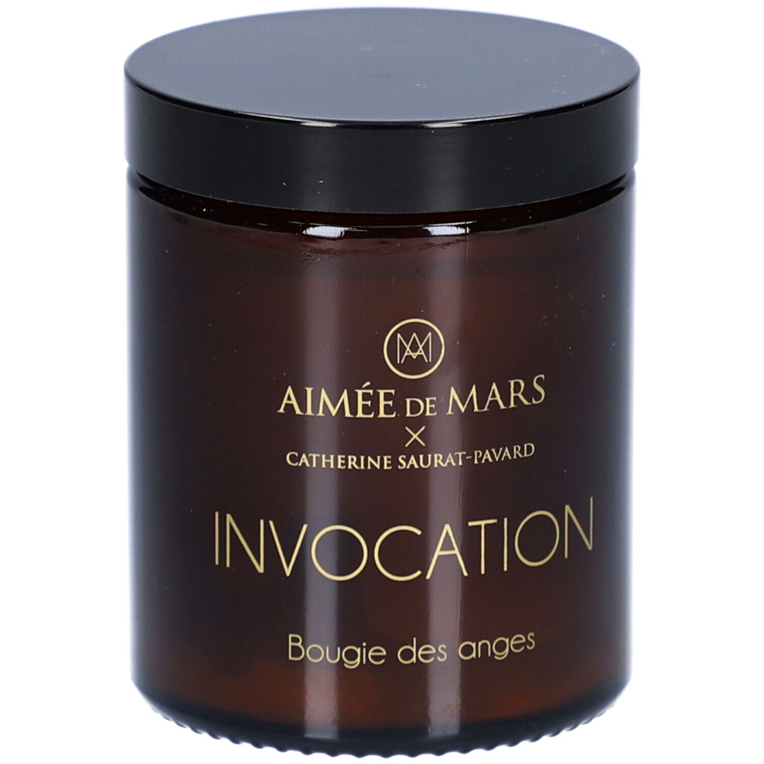 Bougie marron avec couvercle noir. Inscription : Aimée de Mars, Invocation, Bougie des anges.