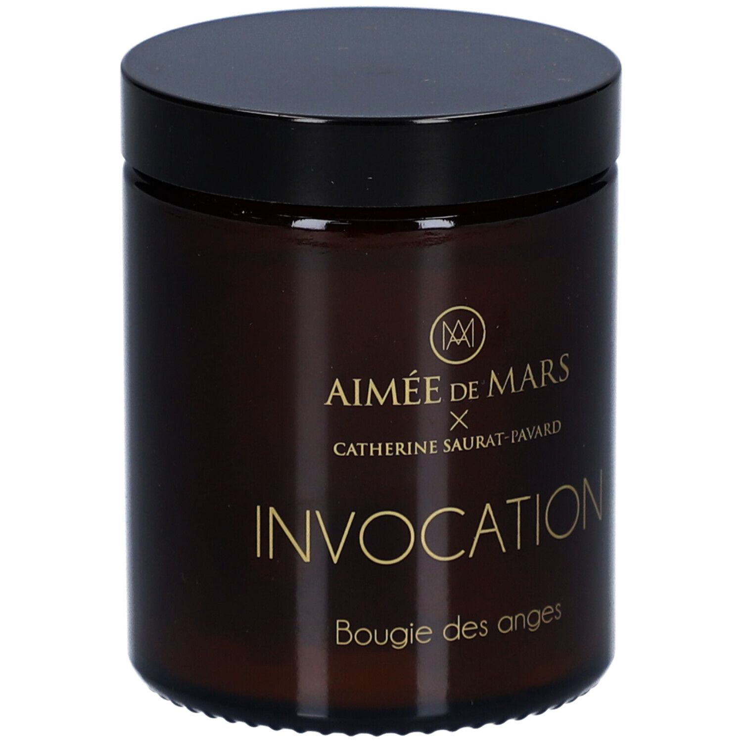 Bougie marron avec couvercle noir. Inscription : Aimée de Mars, Invocation, Bougie des anges.