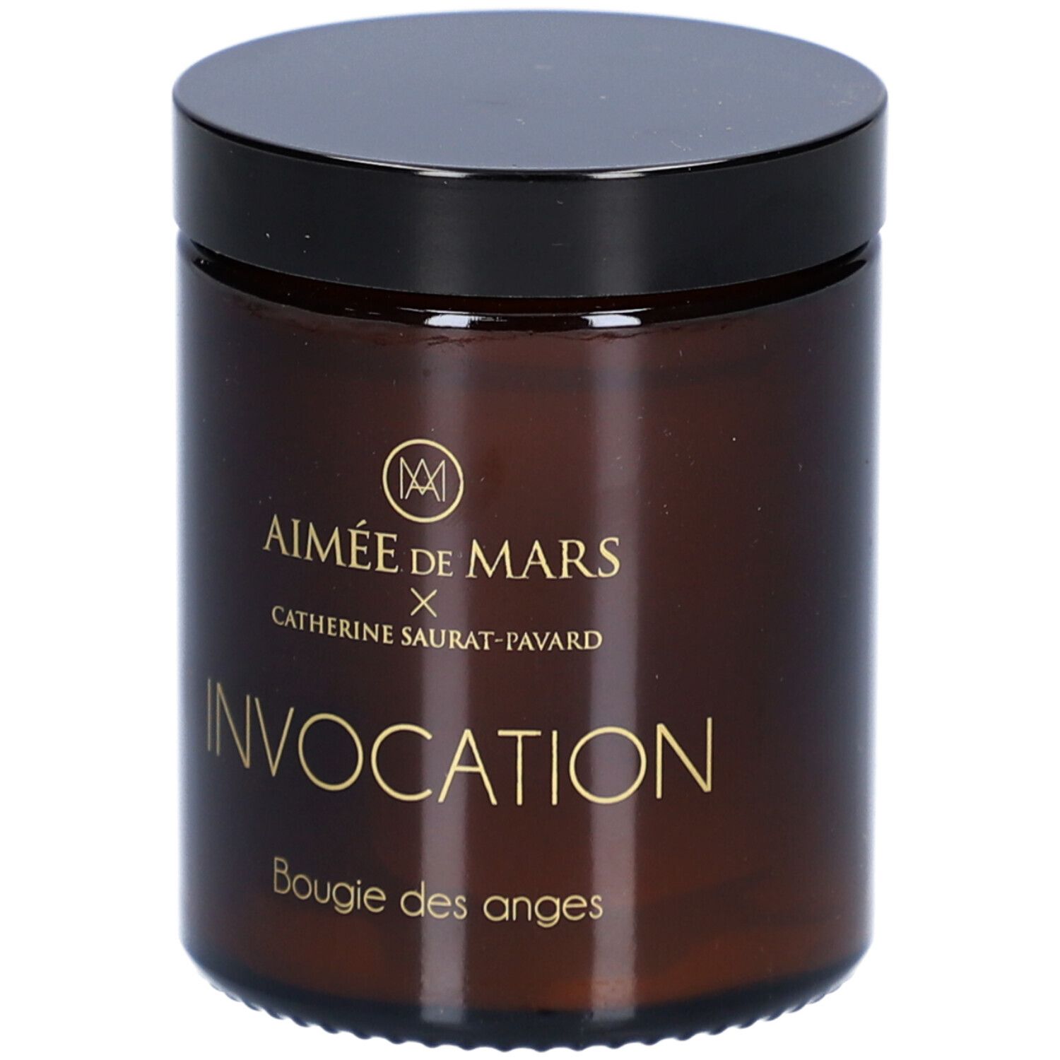 Bougie marron avec couvercle noir. Inscription : Aimée de Mars, Invocation, Bougie des anges.