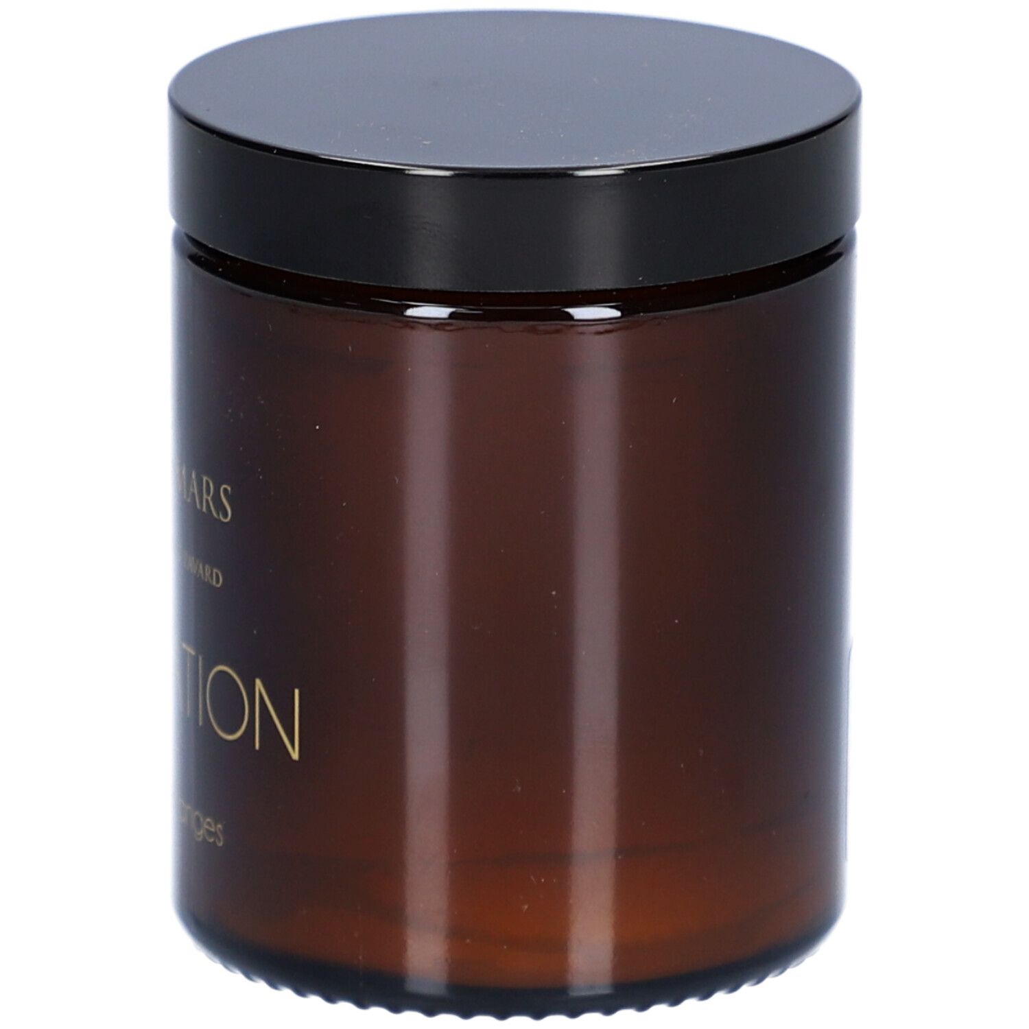 Bougie marron avec couvercle noir. Inscription : Aimée de Mars, Invocation, Bougie des anges.