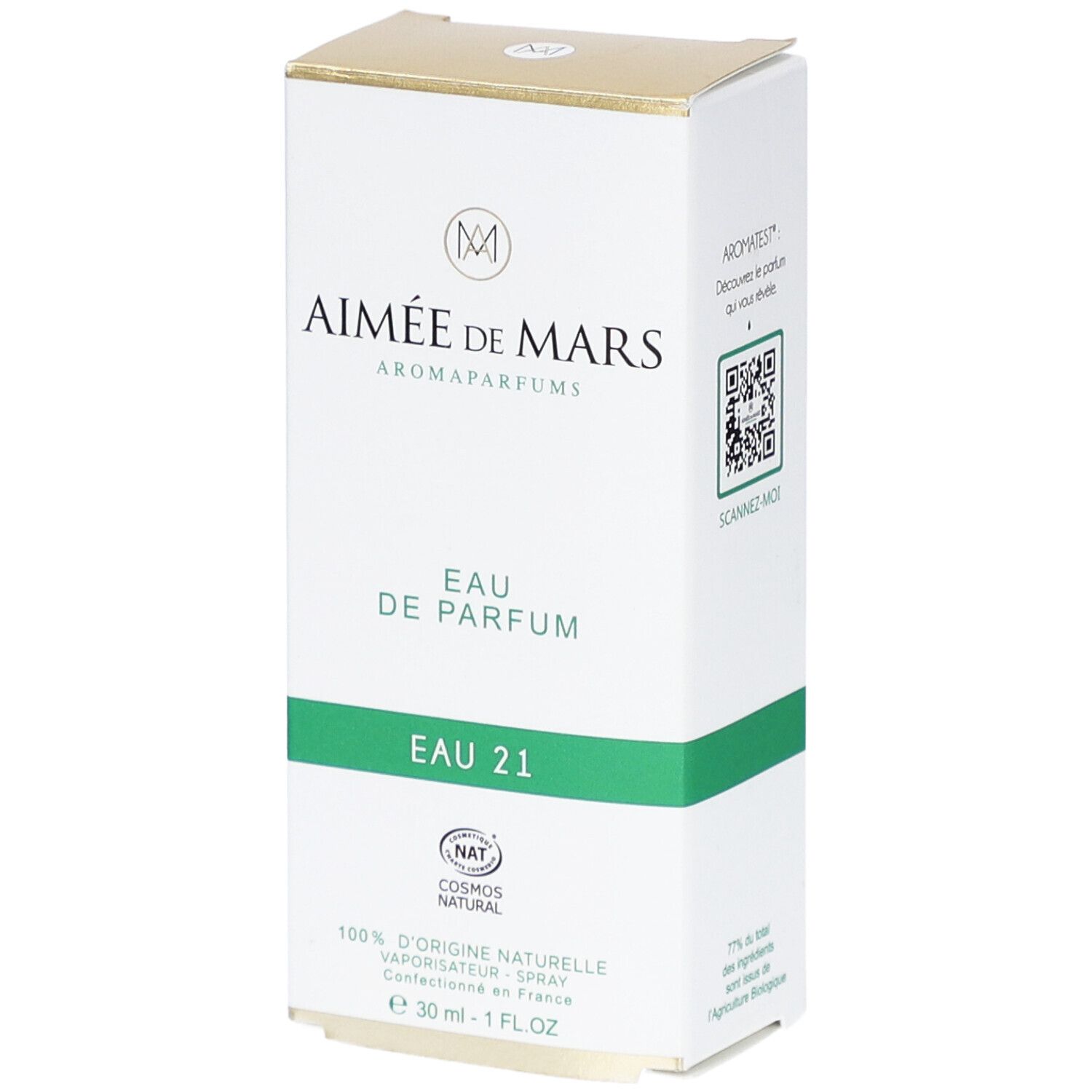 Verpackung von Aimée de Mars® Eau 21 Eau de Parfum. Weißer Karton mit grünen und goldenen Akzenten. Text und Logo.