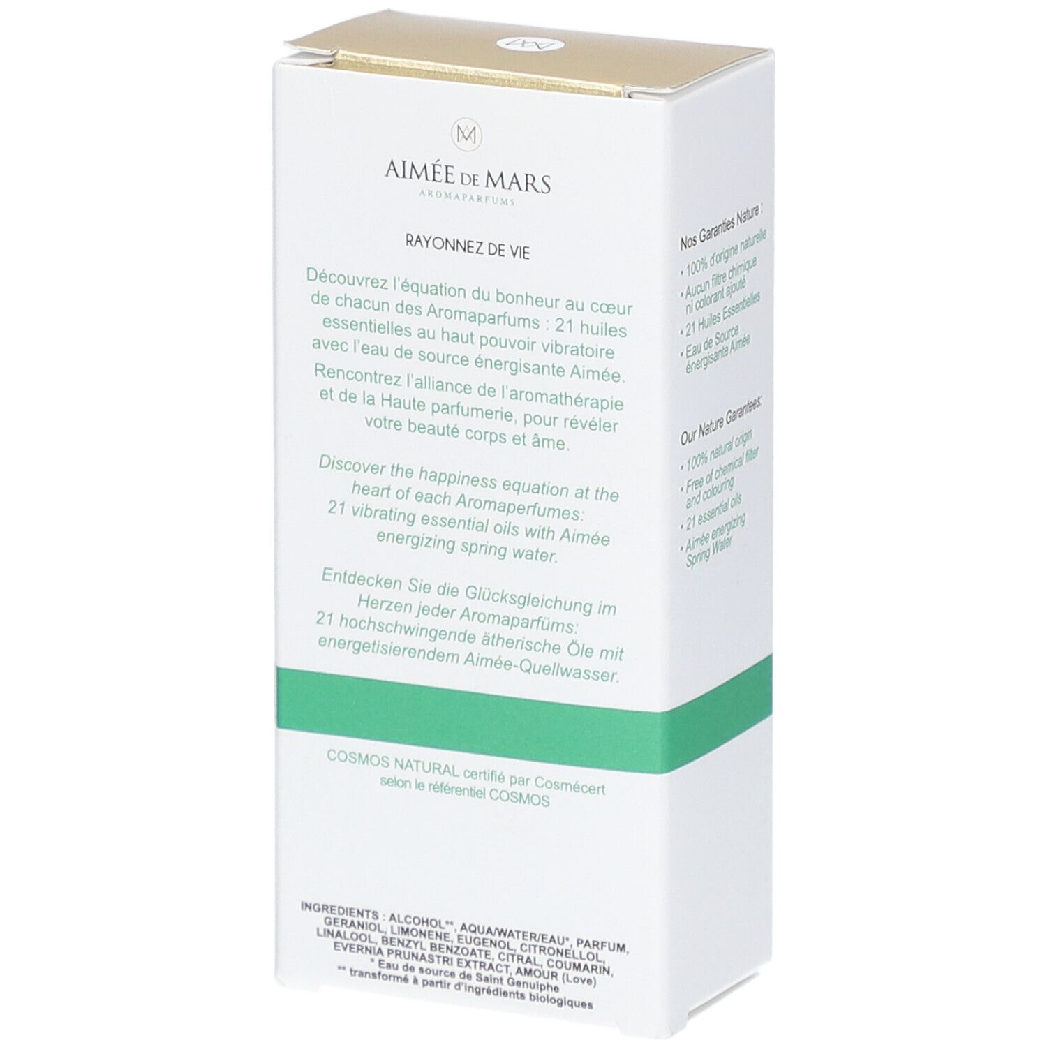 Rückseite der Verpackung von Aimée de Mars® Eau 21 Eau de Parfum. Weißer Karton mit Text und Logo.