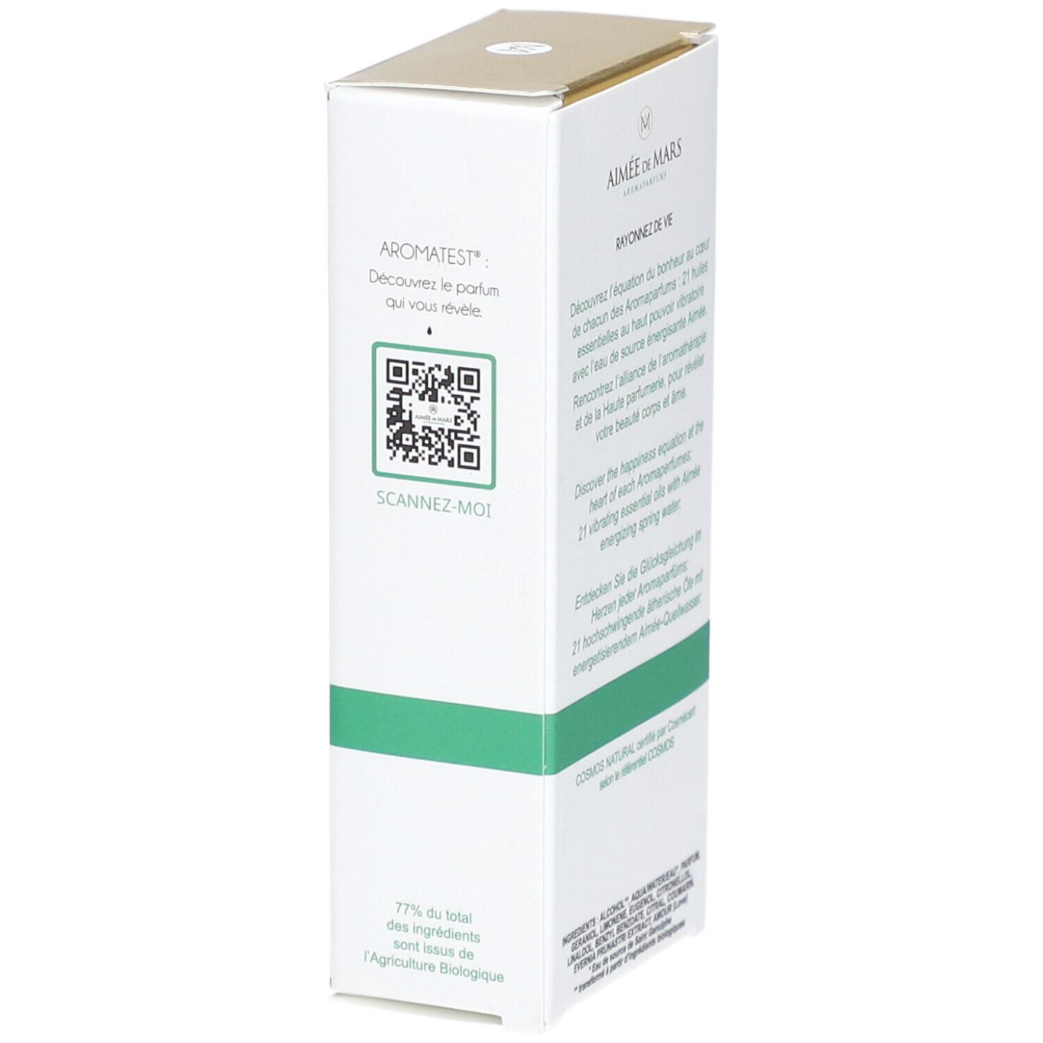 Seite der Verpackung von Aimée de Mars® Eau 21 Eau de Parfum. Weißer Karton mit QR-Code und Text.