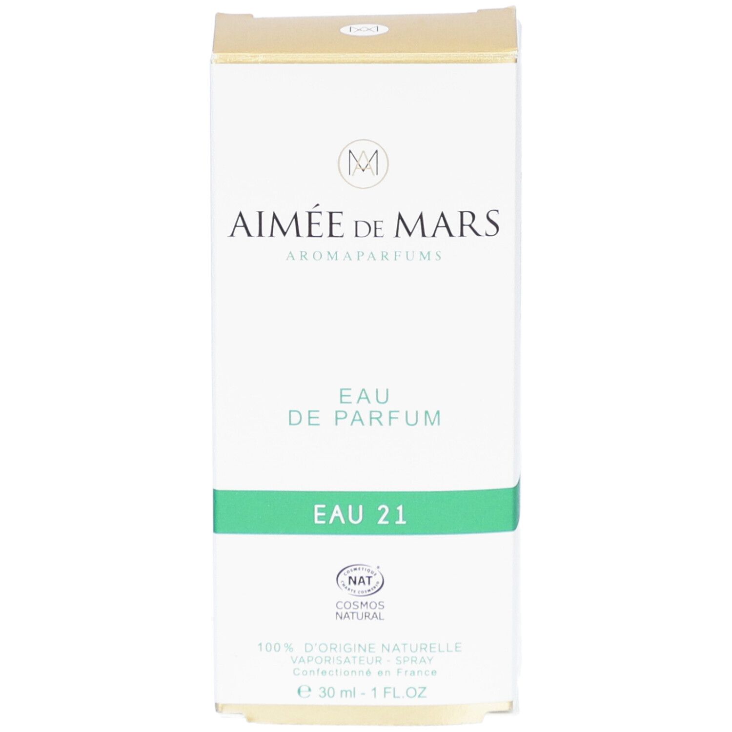 Vorderansicht der Verpackung von Aimée de Mars® Eau 21 Eau de Parfum. Weißer Karton mit Text und Logo.