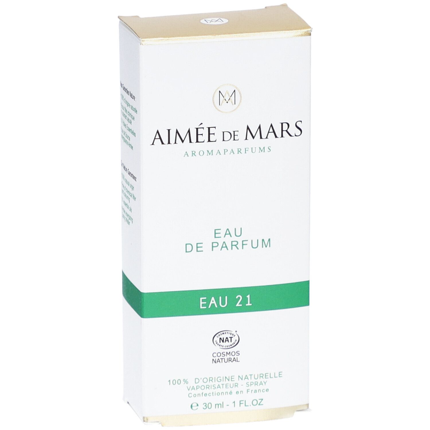 Vorderansicht der Verpackung von Aimée de Mars® Eau 21 Eau de Parfum. Weißer Karton mit Text und Logo.