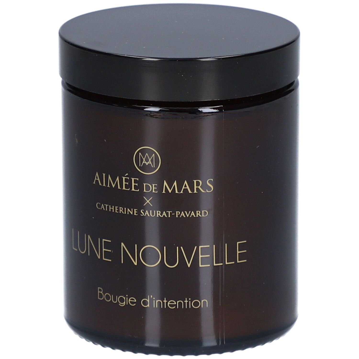 Pot en verre brun avec couvercle noir. Inscription : AIMÉE DE MARS x Catherine Saurat-Pavard, Lune Nouvelle, Bougie d'intention.
