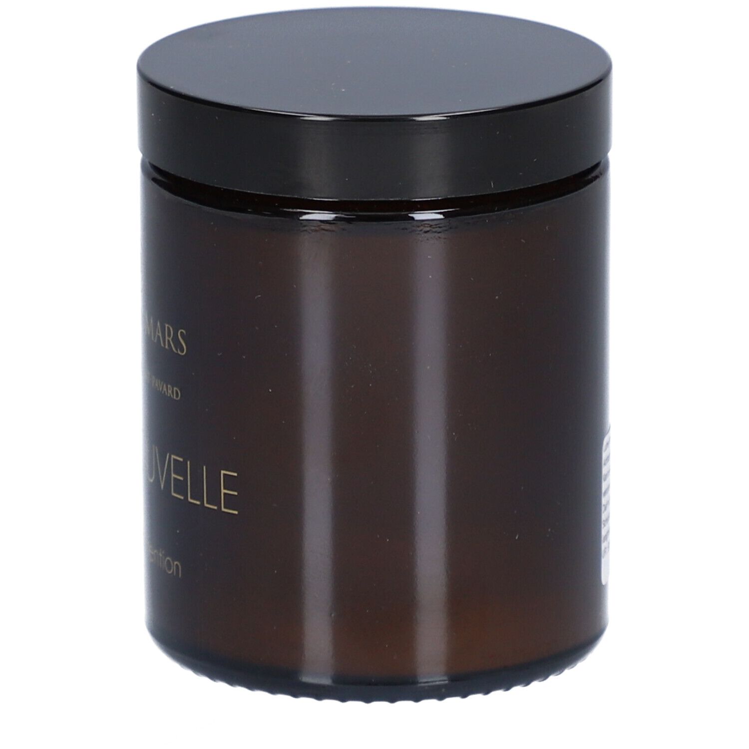 Pot en verre brun avec couvercle noir. Inscription : AIMÉE DE MARS x Catherine Saurat-Pavard, Lune Nouvelle, Bougie d'intention.