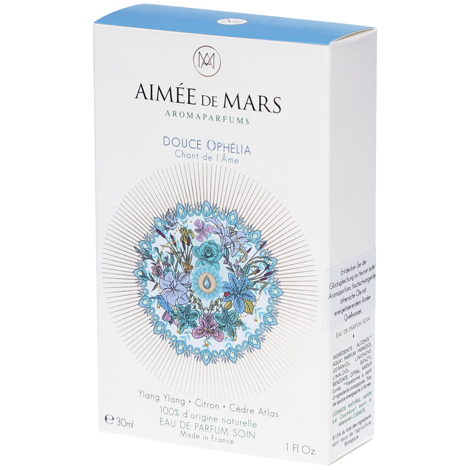 Weißer Karton mit Produktnamen und floralem Design. Text: Douce Ophélia, Eau de Parfum. Marke: Aimée de Mars.
