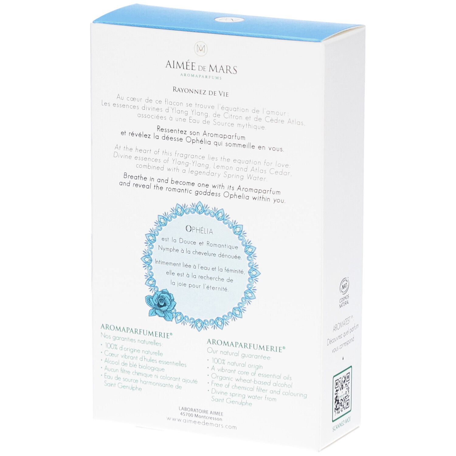 Rückseite des weißen Kartons. Text: Douce Ophélia, Aromaparfumerie, Cosmos Natural. Floral Design. Marke: Aimée de Mars.