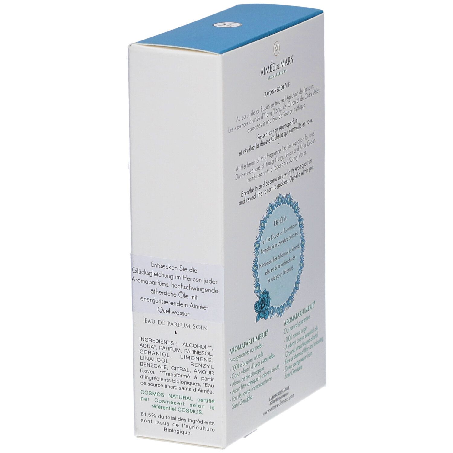 Seite des weißen Kartons mit Text. Text: Douce Ophélia, Eau de Parfum Soin, Cosmos Natural. Marke: Aimée de Mars.