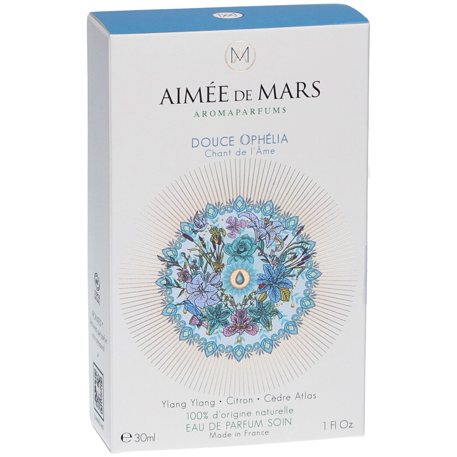 Weißer Karton mit Produktnamen und floralem Design. Text: Douce Ophélia, Eau de Parfum. Marke: Aimée de Mars.