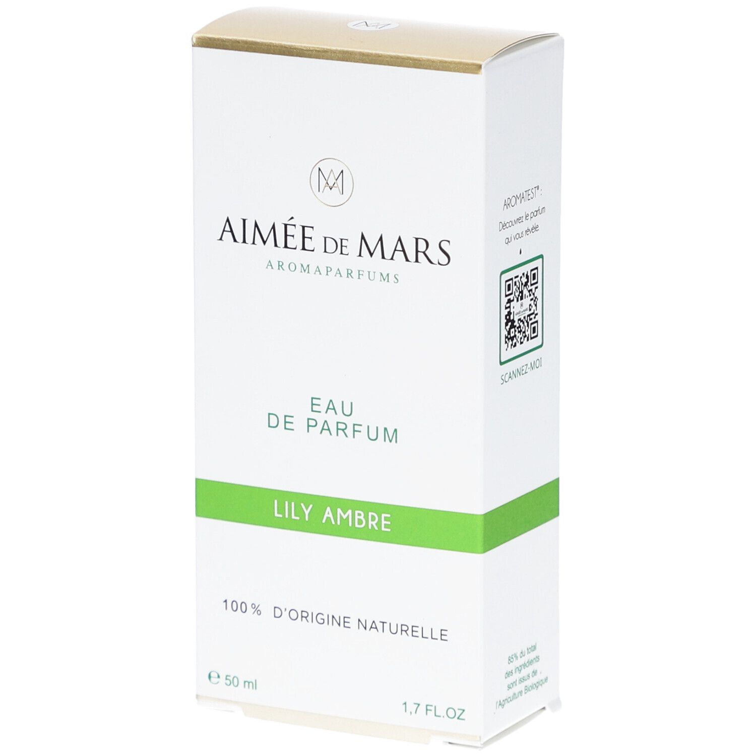 Boîte blanche et dorée. Inscription: Aimée de Mars, Eau de Parfum, Lily Ambre. 100% d'origine naturelle. 50 ml, 1,7 FL.OZ.
