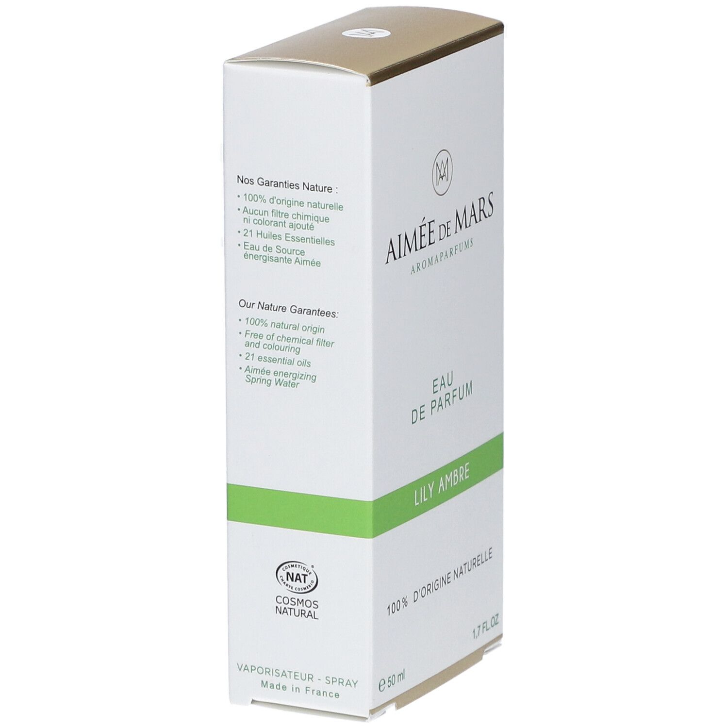 Boîte blanche et dorée. Inscription: Aimée de Mars, Eau de Parfum, Lily Ambre. Certification Cosmos Natural. Vaporisateur-Spray.