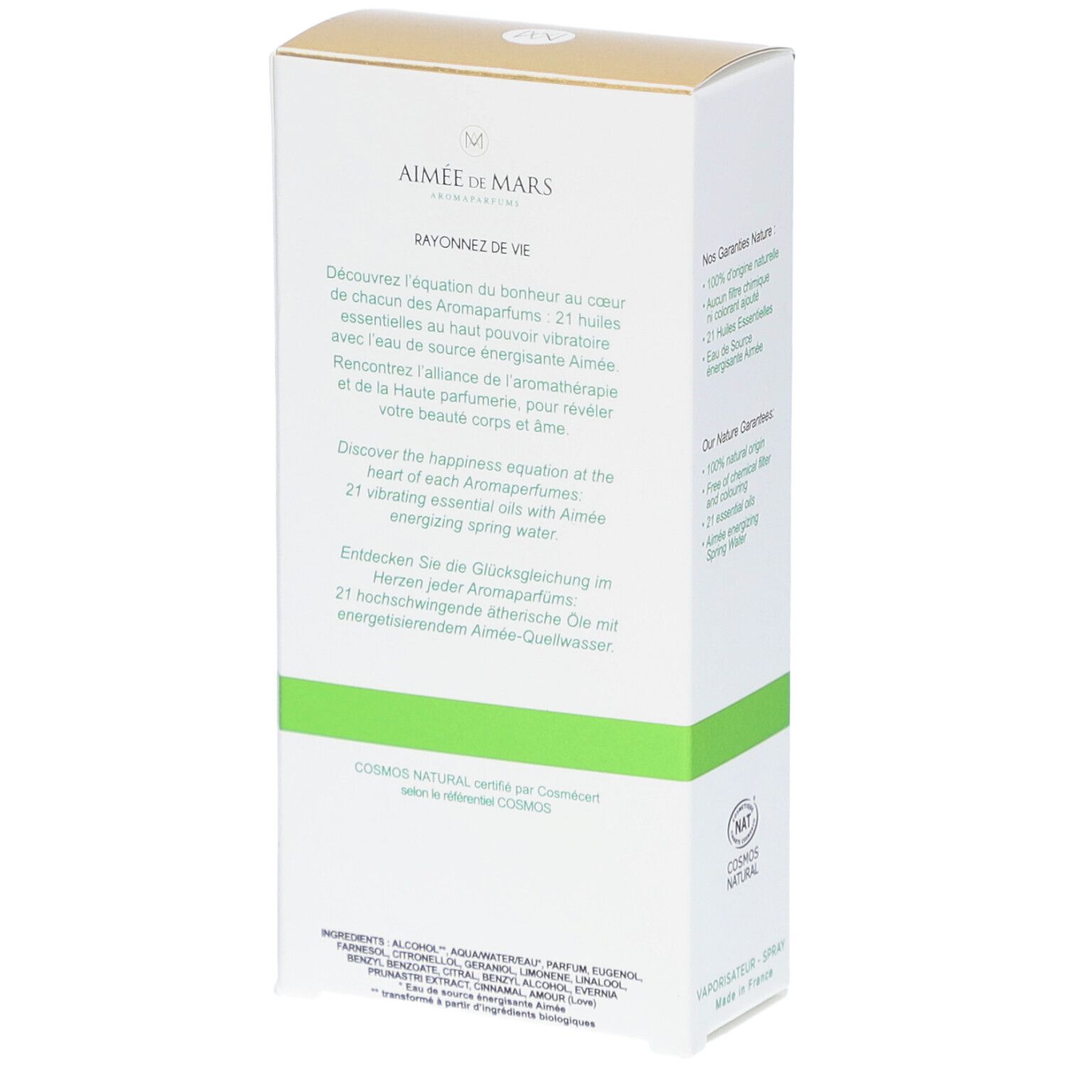Boîte blanche et dorée. Texte: Rayonnez de Vie. Ingrédients et certification Cosmos Natural.