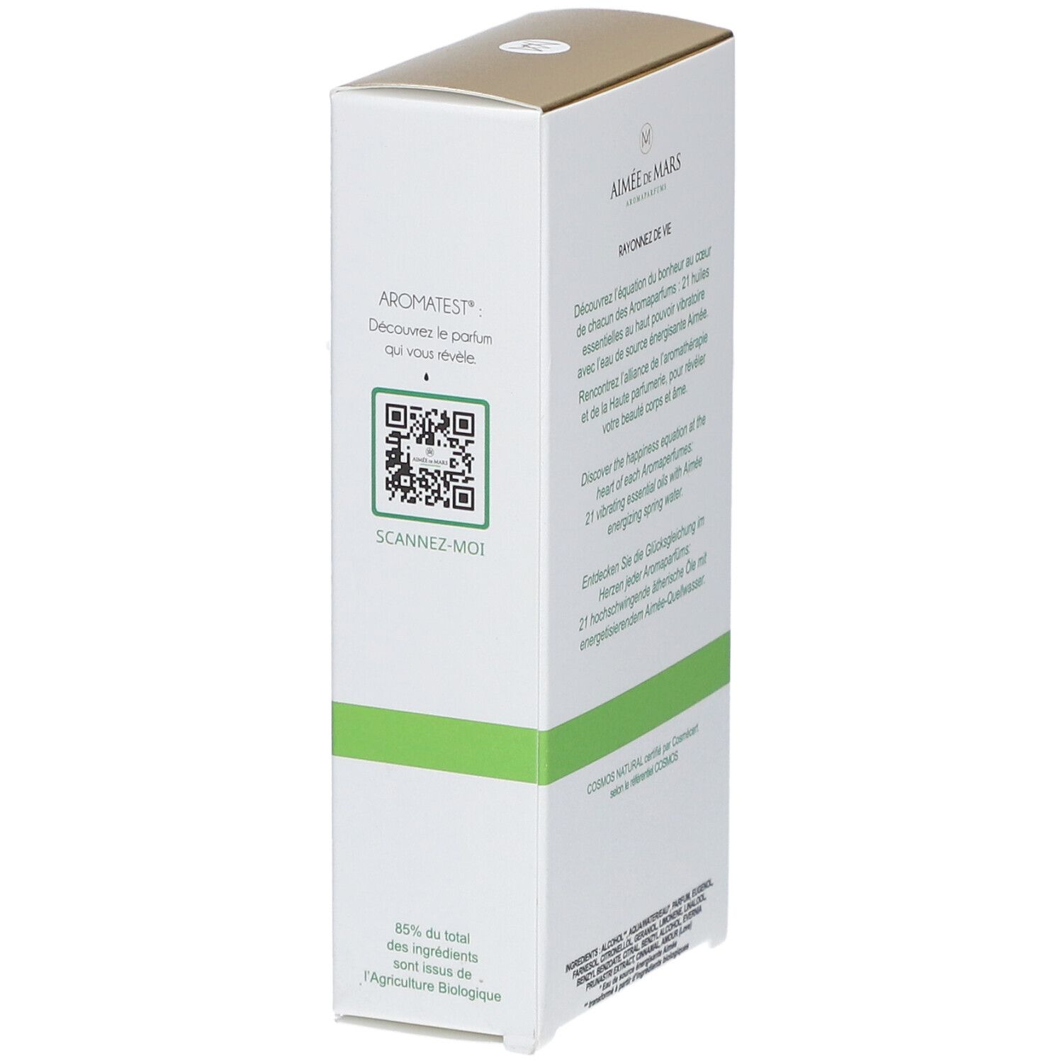 Boîte blanche et dorée. Texte: Aromates. Code QR à scanner. 85% des ingrédients issus de l'agriculture biologique.