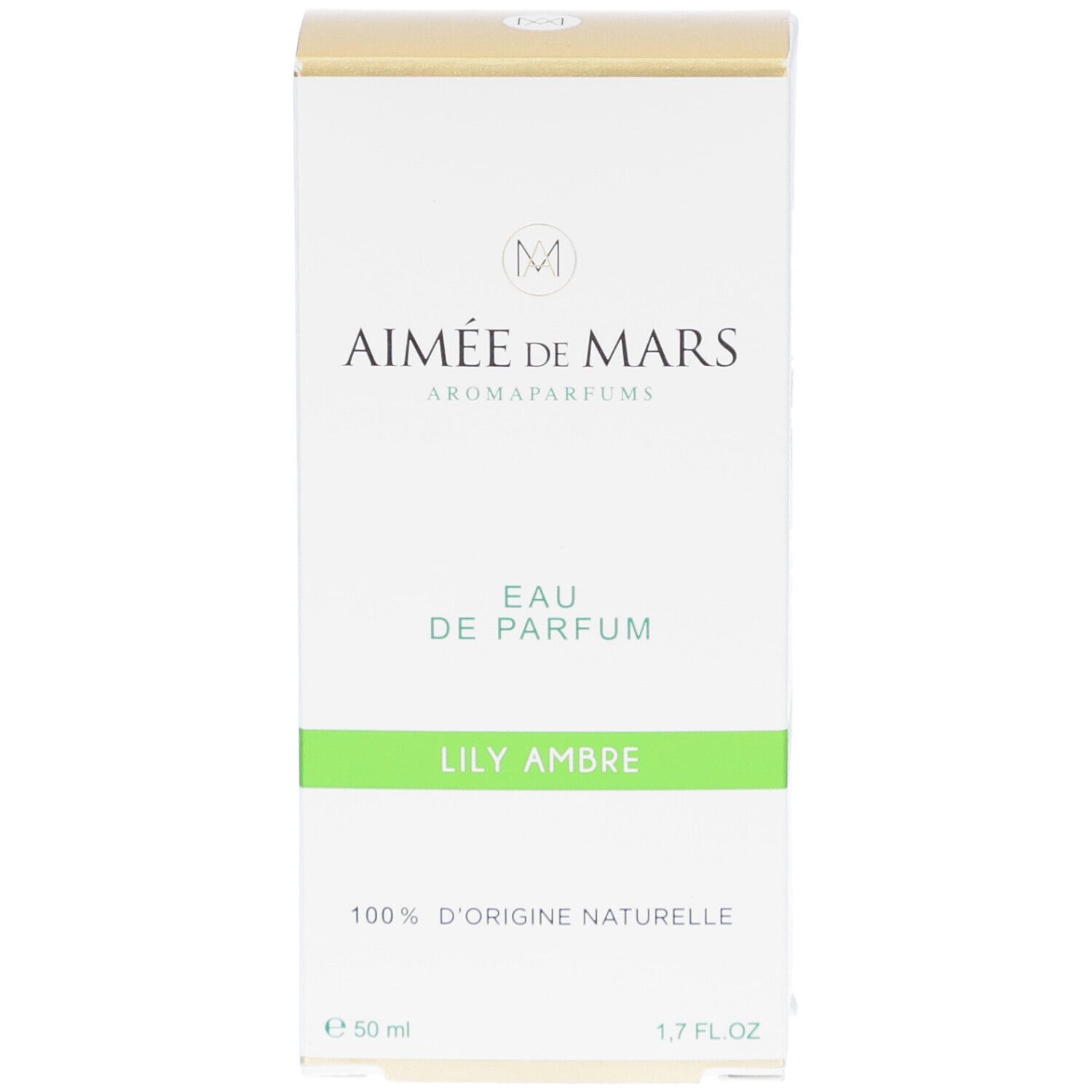 Boîte blanche et dorée. Inscription: Aimée de Mars, Eau de Parfum, Lily Ambre. 100% d'origine naturelle. 50 ml, 1,7 FL.OZ.