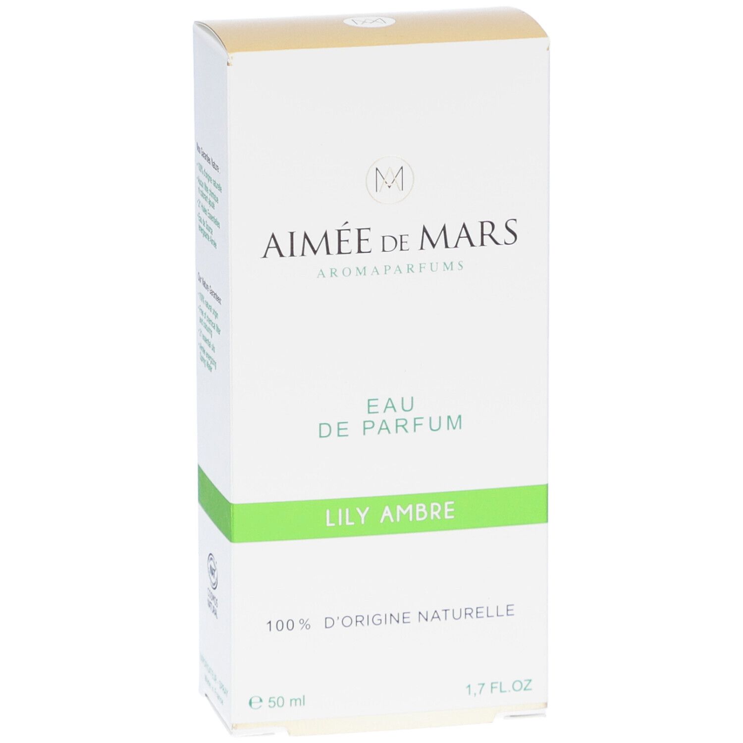 Boîte blanche et dorée. Inscription: Aimée de Mars, Eau de Parfum, Lily Ambre. 100% d'origine naturelle. 50 ml, 1,7 FL.OZ.