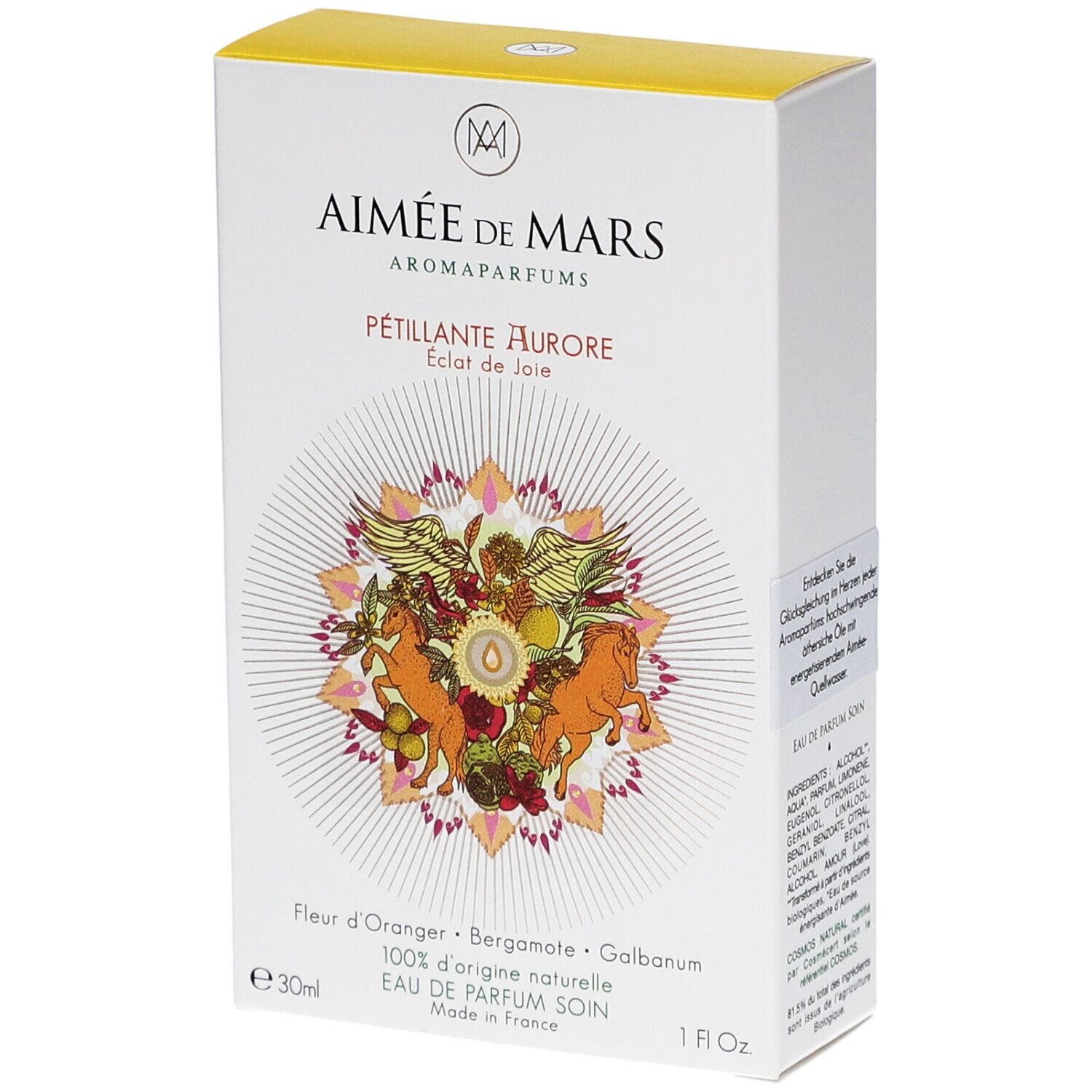 Boîte Aimée de Mars® Sparkling Aurore Eau de Parfum. Blanche, couvercle jaune. Design floral et nom du produit.