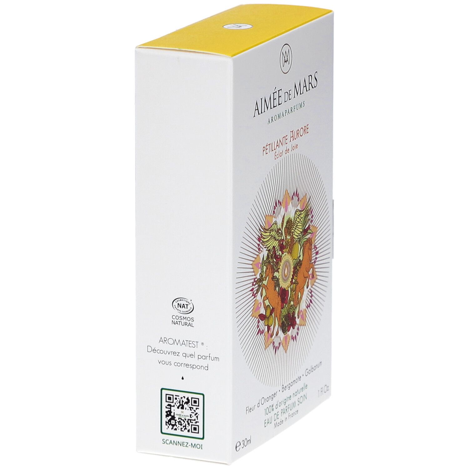 Côté de la boîte Aimée de Mars® Sparkling Aurore. Texte, QR code et certification NAT.