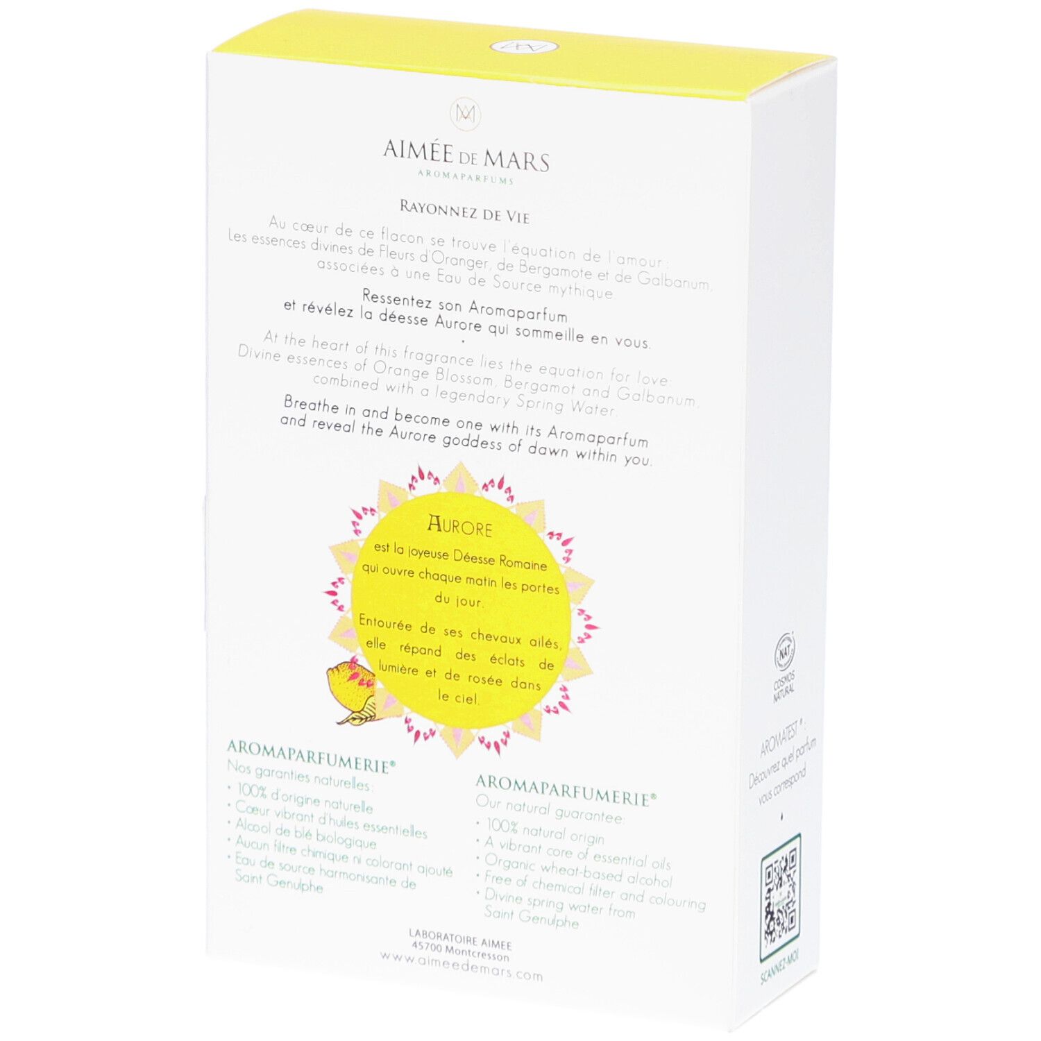 Dos de la boîte Aimée de Mars® Sparkling Aurore Eau de Parfum. Texte et design.