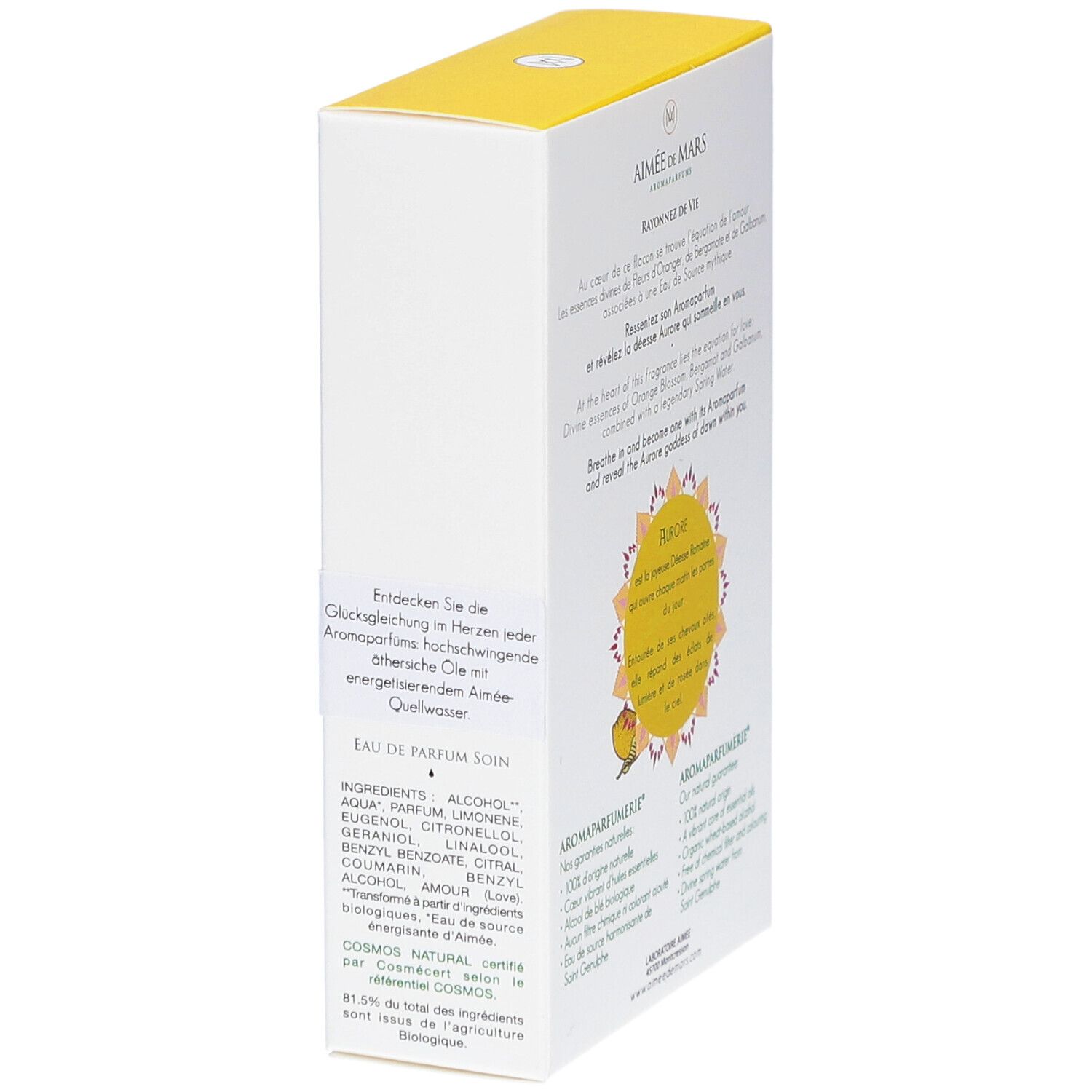 Côté de la boîte Aimée de Mars® Sparkling Aurore Eau de Parfum. Texte et ingrédients.